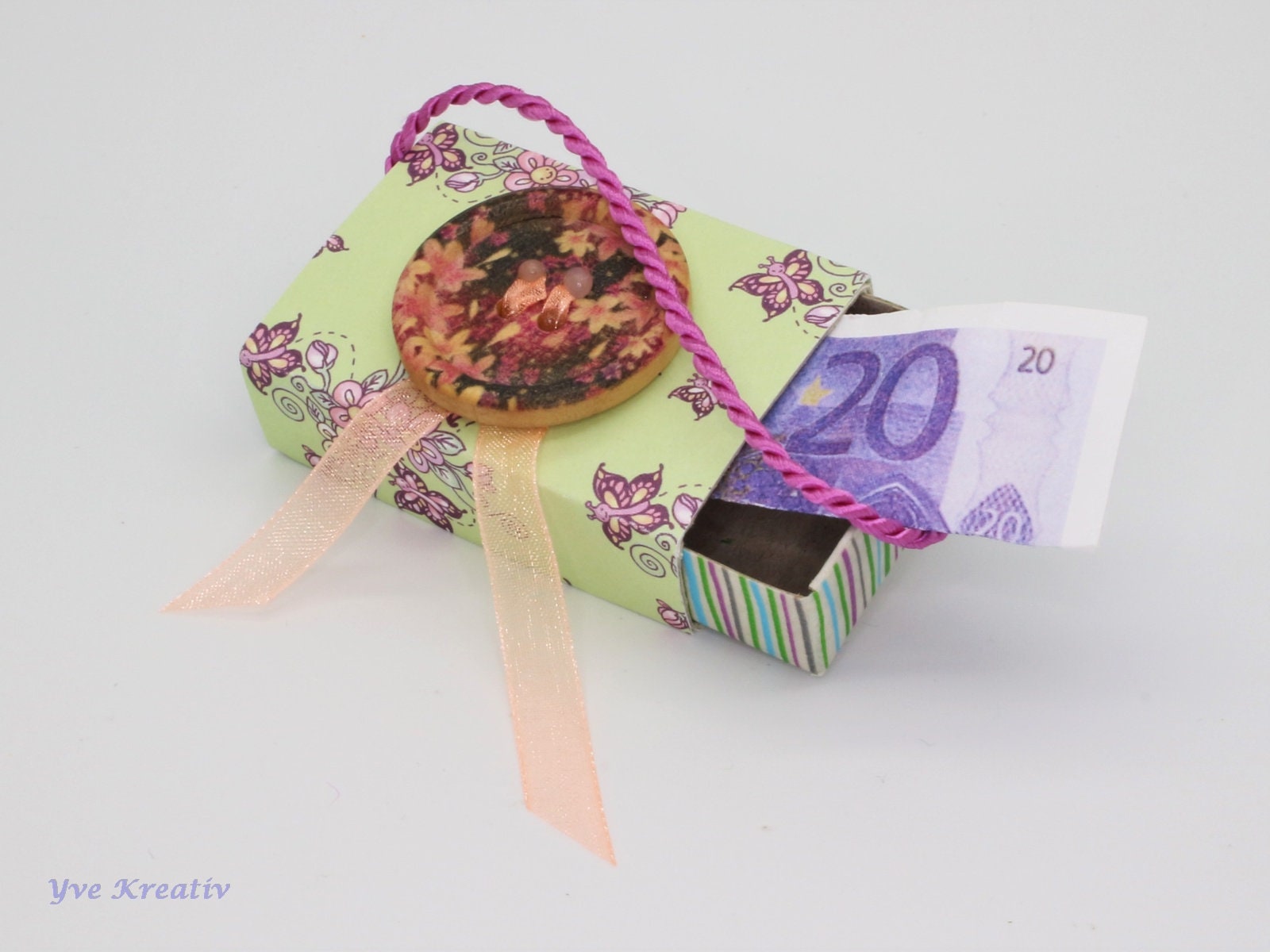 Geldgeschenk kleine Schachtel, verzierte Streichholzschachtel als originelle Geschenkverpackung für Geld, Gutscheine und mehr  #613961158