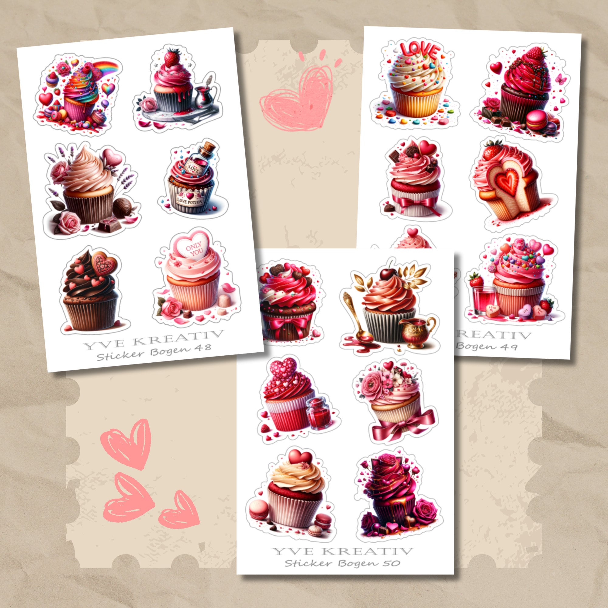 Sticker Bogen, Aufkleber, Cupcake, Muffin | Sticker Set - 3 Stickerbogen zur Auswahl in Weiß - Transparent - Matt - Glanz  #SBA6