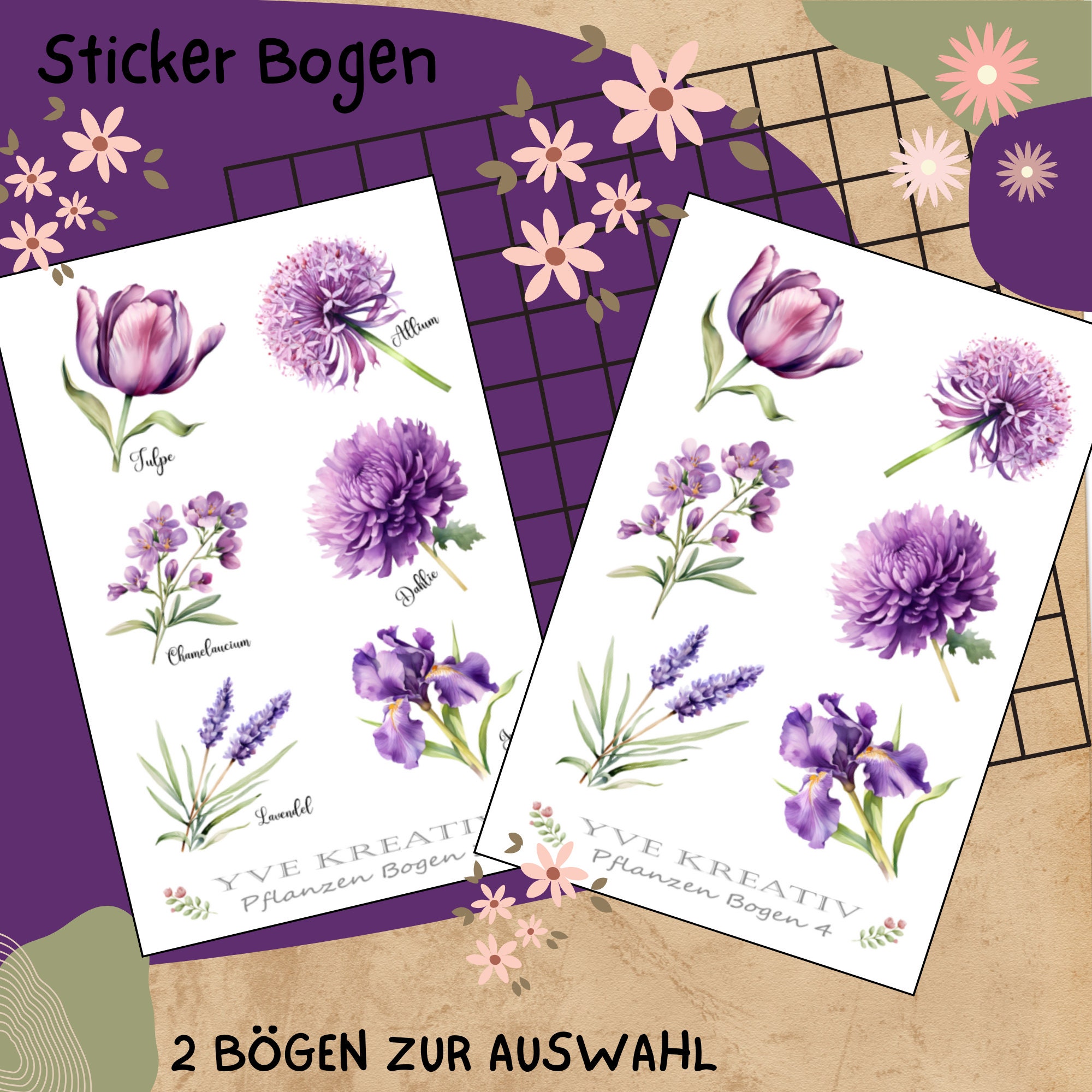 Sticker Bogen " Pflanzen Pflanzenkunde Blumen Lila " | Set - Aufkleber 2 Stickerbogen zur Auswahl in Weiß - Transparent - Matt - Glanz