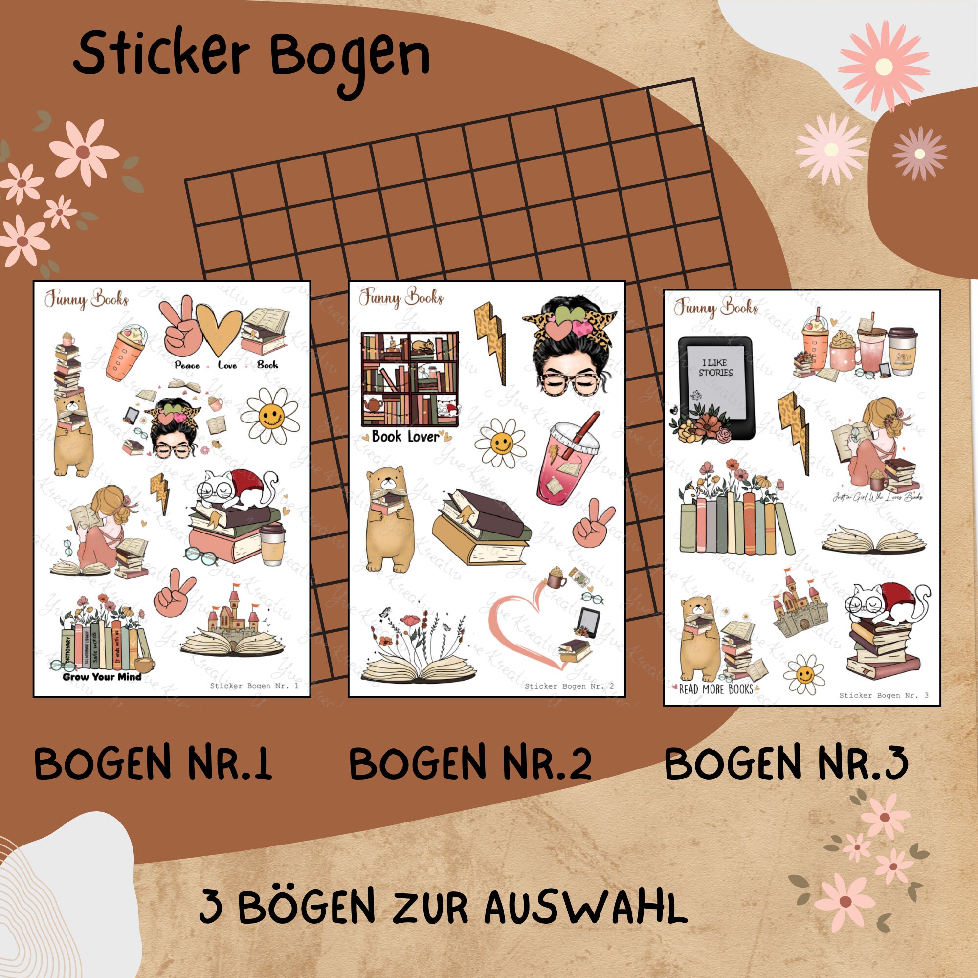 Sticker Bogen " Funny Books - Bücher Lesen " | Sticker Set - Aufkleber 3 Stickerbogen zur Auswahl in Weiß - Transparent - Matt - Glanz