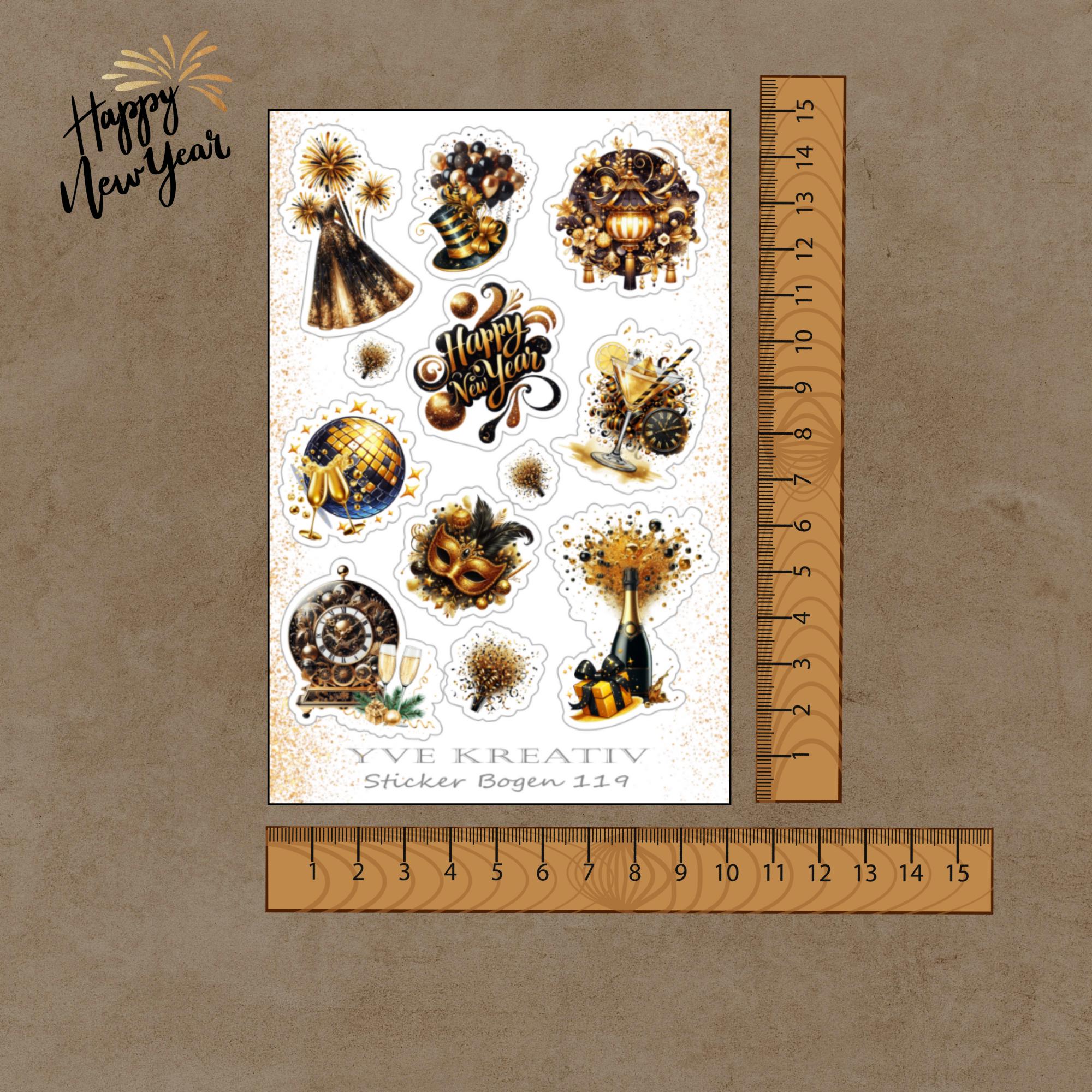 Aufkleber Sticker Bogen "Happy New Year, Silvester" | Sticker Set - 3 Stickerbogen zur Auswahl in Weiß - Transparent - Matt - Glanz  #SBA6
