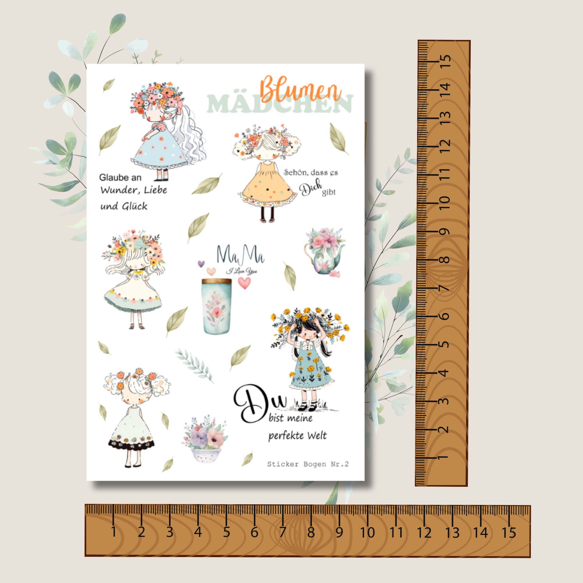 Stickerbogen Aufkleber  Stickerbogen "Blumen Mädchen" | Sticker Set - 3 Stickerbogen zur Auswahl in Weiß - Transparent - Matt - Glanz #SBA6
