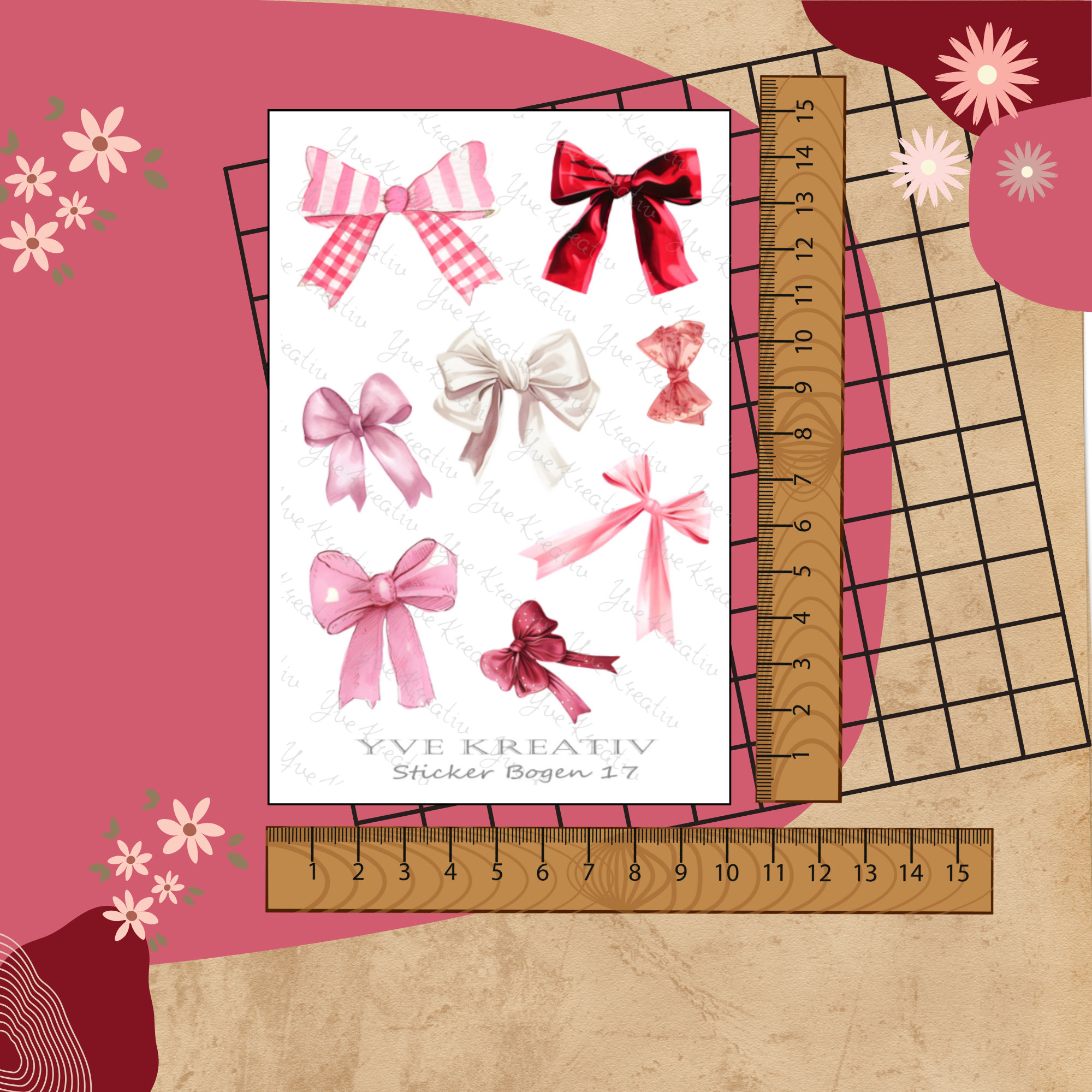 Sticker Schleifen rosa rot Aufkleber für Geschenkverpackung Set 3 Stickerbogen zur Auswahl in Weiß - Transparent - Matt - Glanz  #SBA6