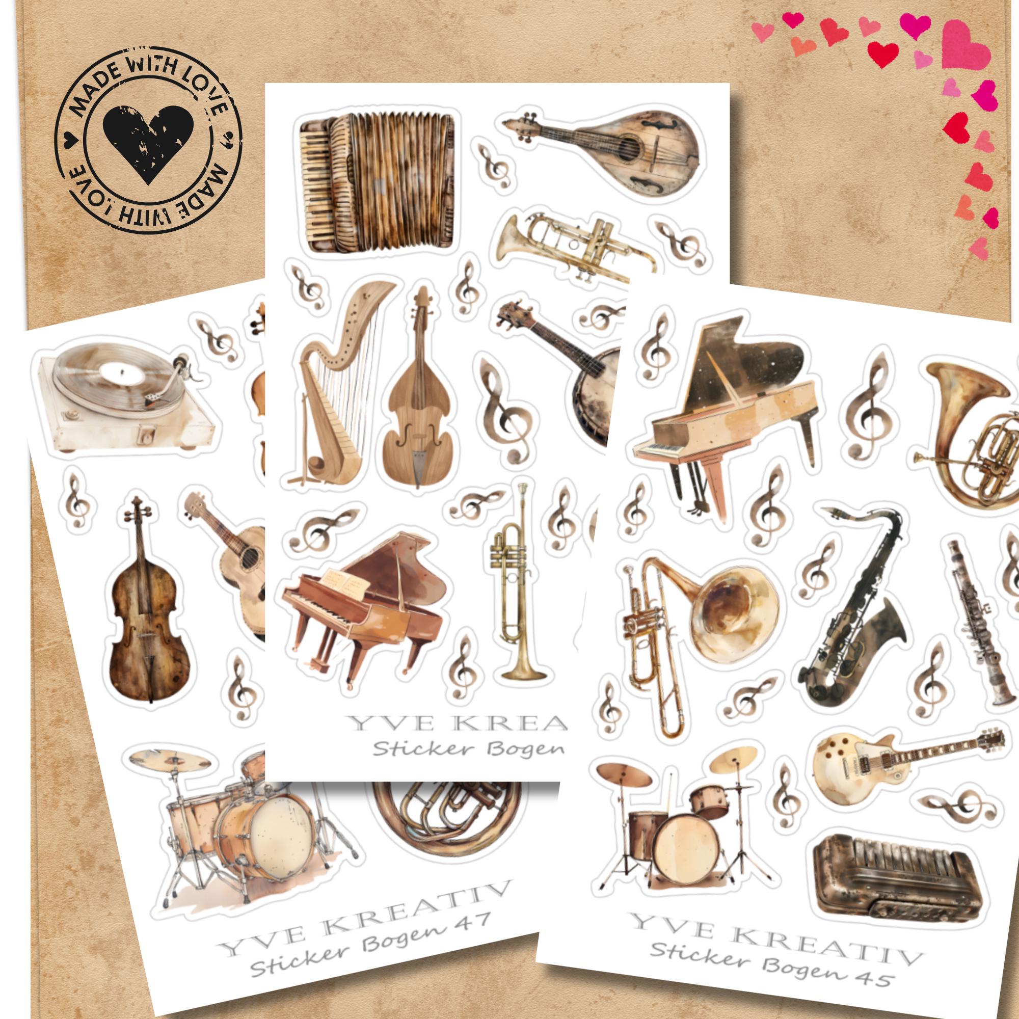 Aufkleber Musik Instrumente Sticker Bogen Set 3 Stickerbogen zur Auswahl in Weiß - Transparent - Matt - Glanz #SBA6