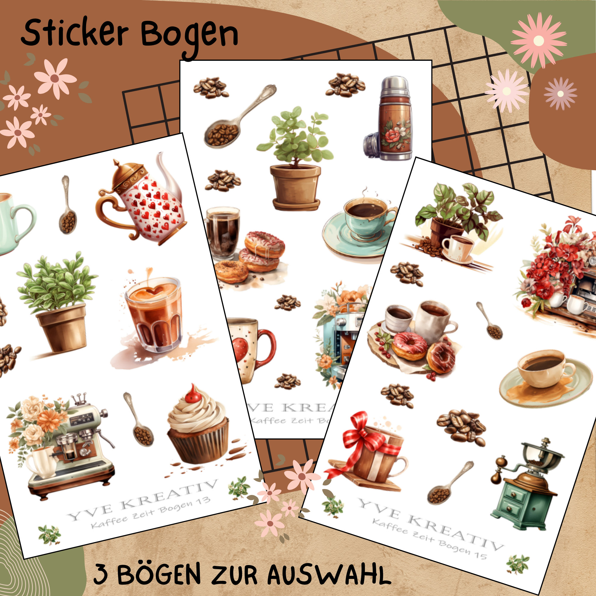 Sticker Bogen " Kaffee - Zeit für Dich " | Sticker Set - Aufkleber 3 Stickerbogen zur Auswahl in Weiß - Transparent - Matt - Glanz  #SBA6