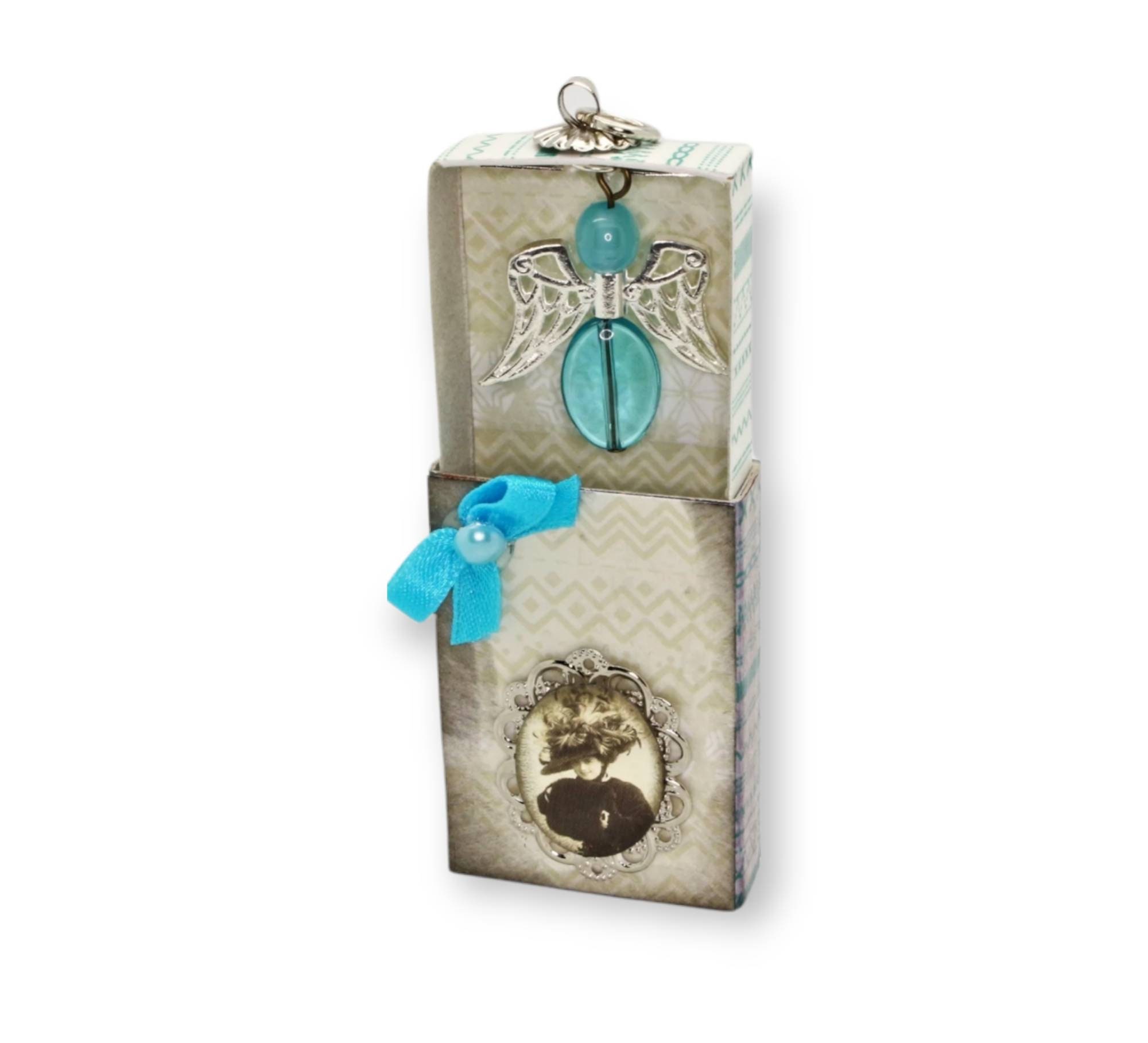 Kleine Schachtel mit Engel Anhänger, verzierte Streichholzschachtel als originelle Geschenkverpackung für Geld, Gutscheine und mehr