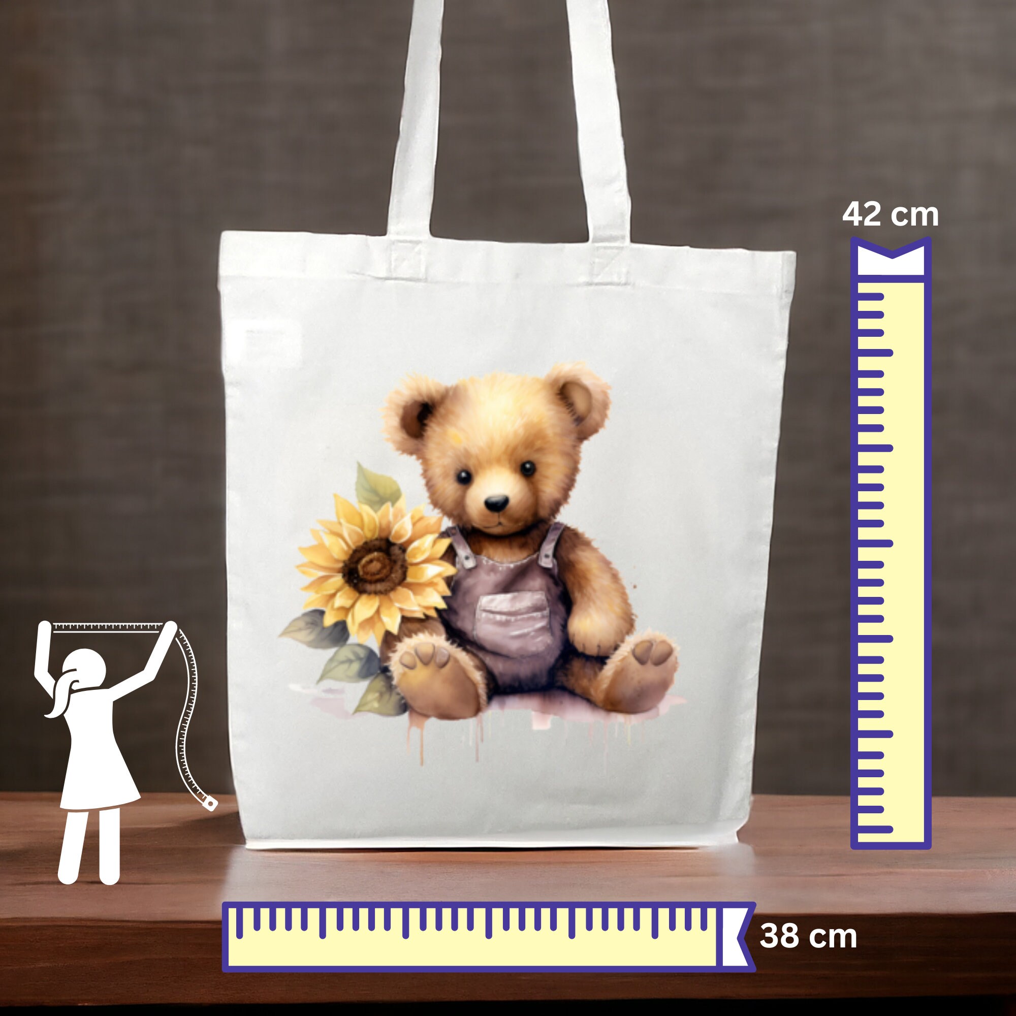 Stofftasche, Stoffbeutel, "Teddy, Bär, Sonnenblume", Einkaufstasche, Tasche, Geschenk zum Geburtstag in Weiß oder Beige  #STSUB