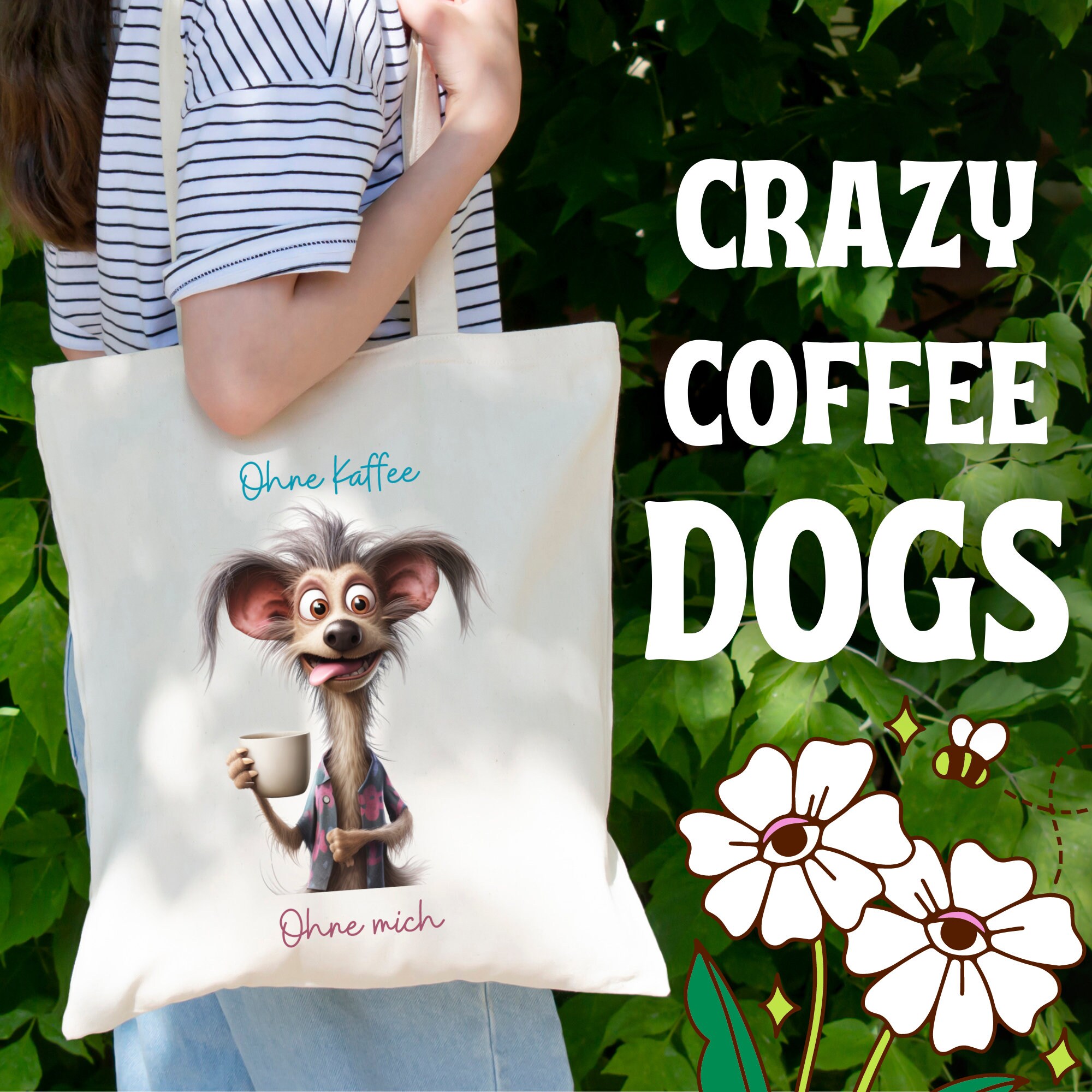 Stofftasche lustiger Hund Stoffbeutel Einkaufstasche Tragetasche Crazy Coffee Dogs Geschenk Kaffeetrinker Mitbringsel  #STSUB