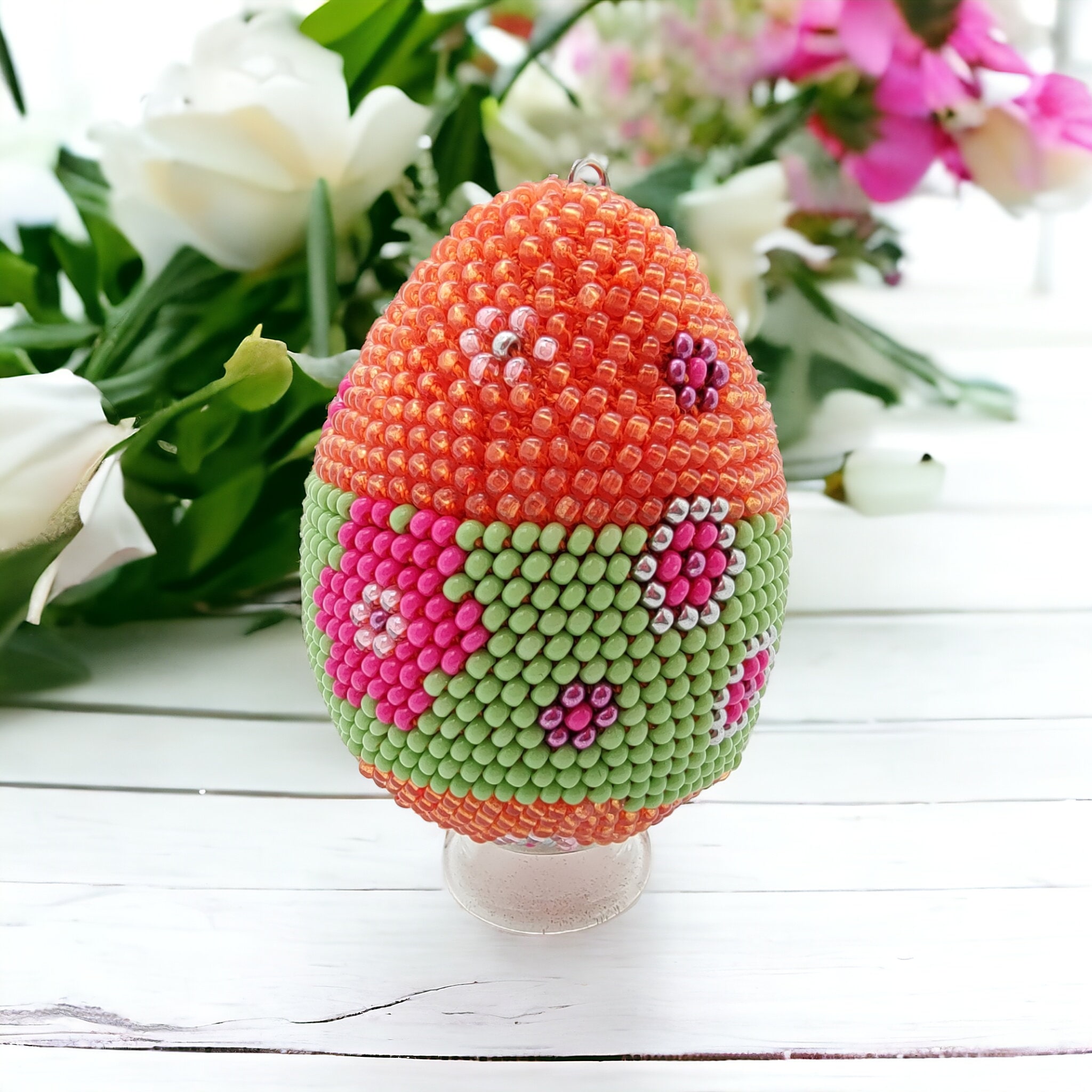 Osterei - Dekoei aus hunderten Miniperlen gehäkelt Osterdekoration Osterschmuck zum Aufhängen #770657692
