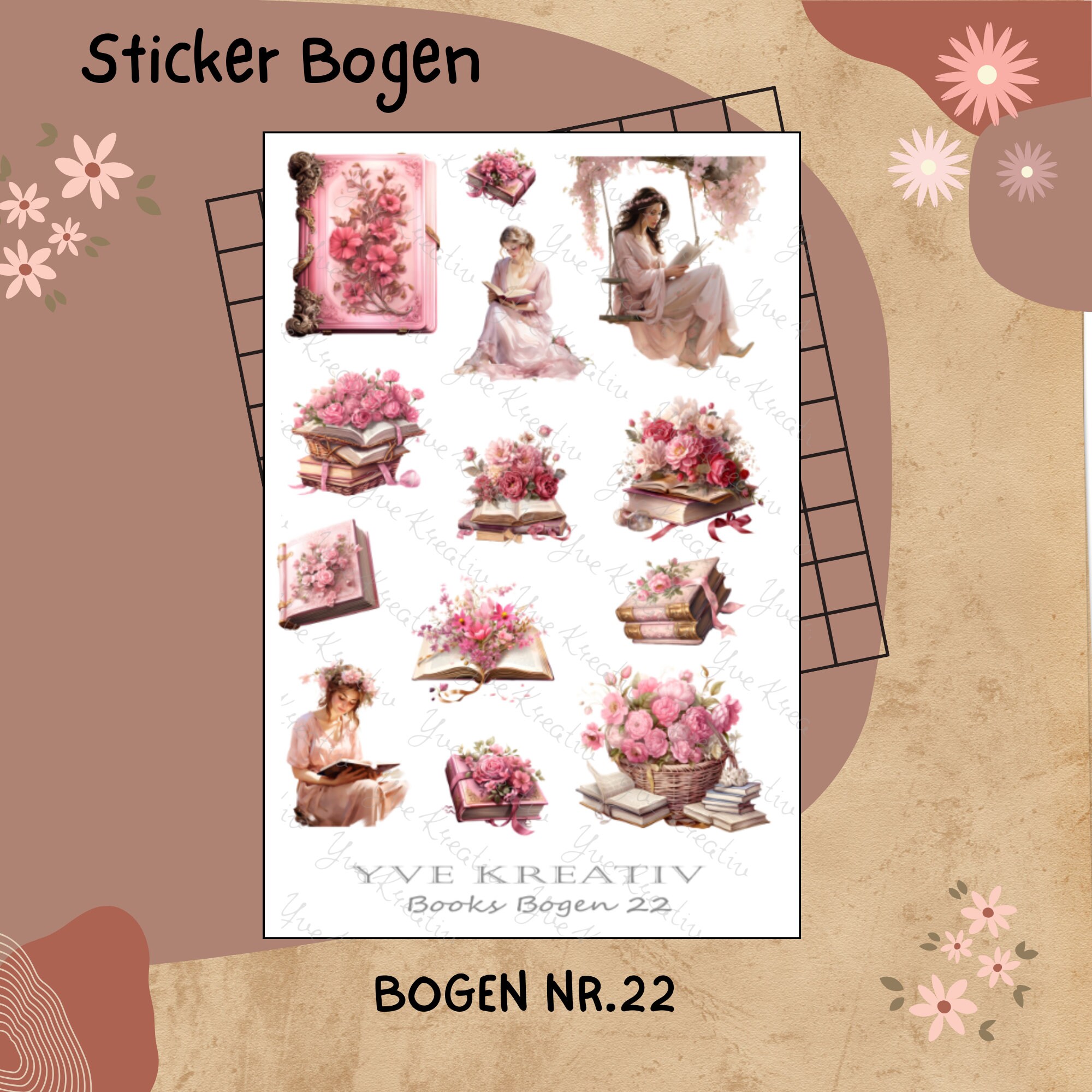 Sticker Bücher romantische Aufkleber rosa  13 Sticker Set Stickerbogen  -  Weiß - Transparent - Matt - Glanz  #SBA6
