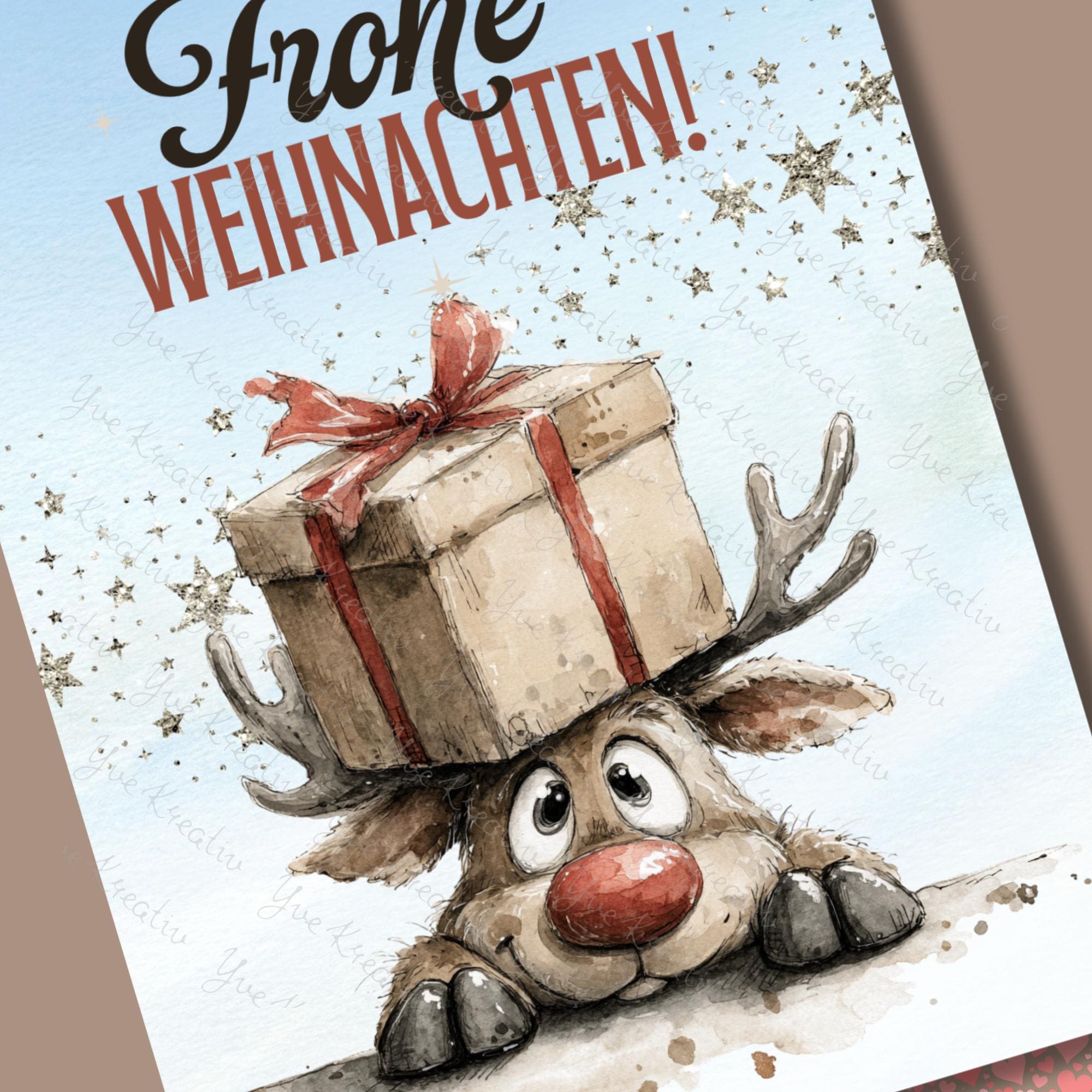 Postkarte Lustiges Rentier Grußkarte Karte zu Weihnachten Wintergrußkarte Weihnachtskarte Geschenkkarte Hochglanz Karte A6 #PWE201