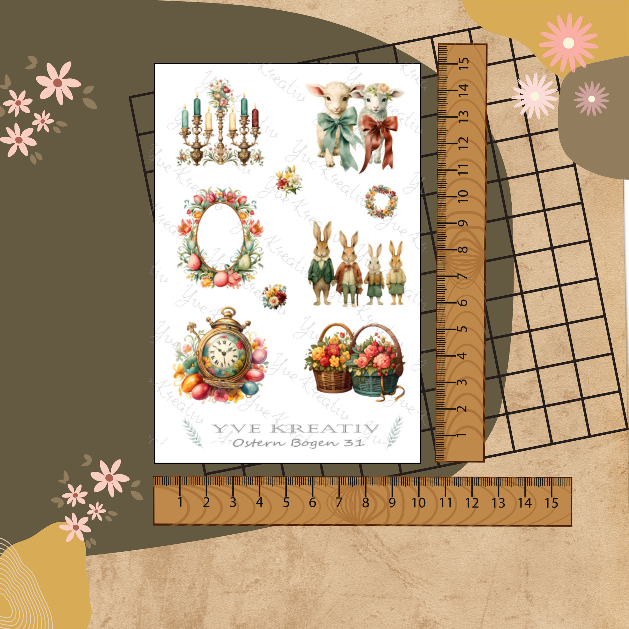 Sticker Bogen " Ostern - Nostalgie Vintage " | Sticker Set - Aufkleber 3 Stickerbogen zur Auswahl in Weiß - Transparent - Matt - Glanz #SBA6