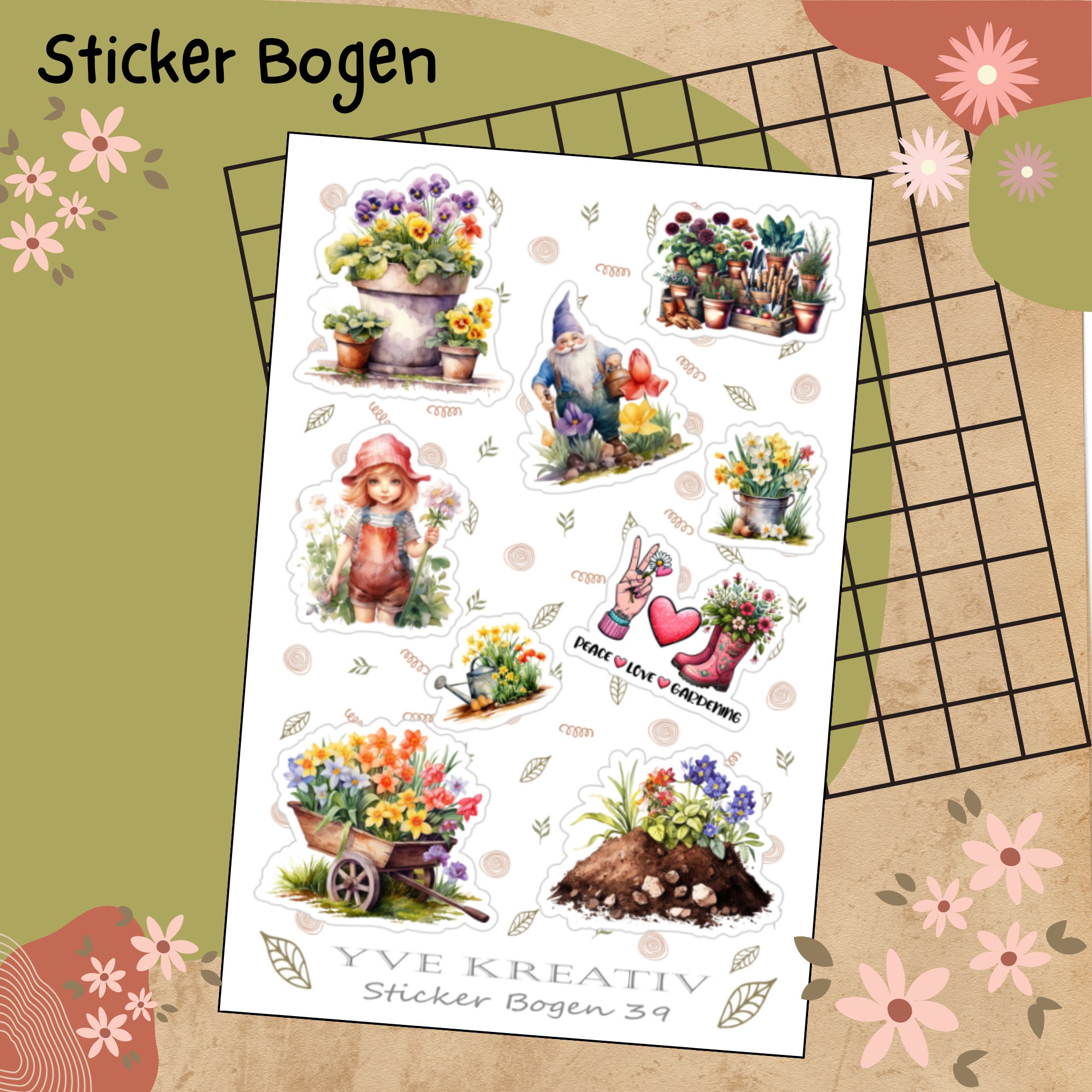 Sticker Bogen " Pflanzen Garten Frühling " | 9 Aufkleber Sticker Set Stickerbogen  -  Weiß - Transparent - Matt - Glanz