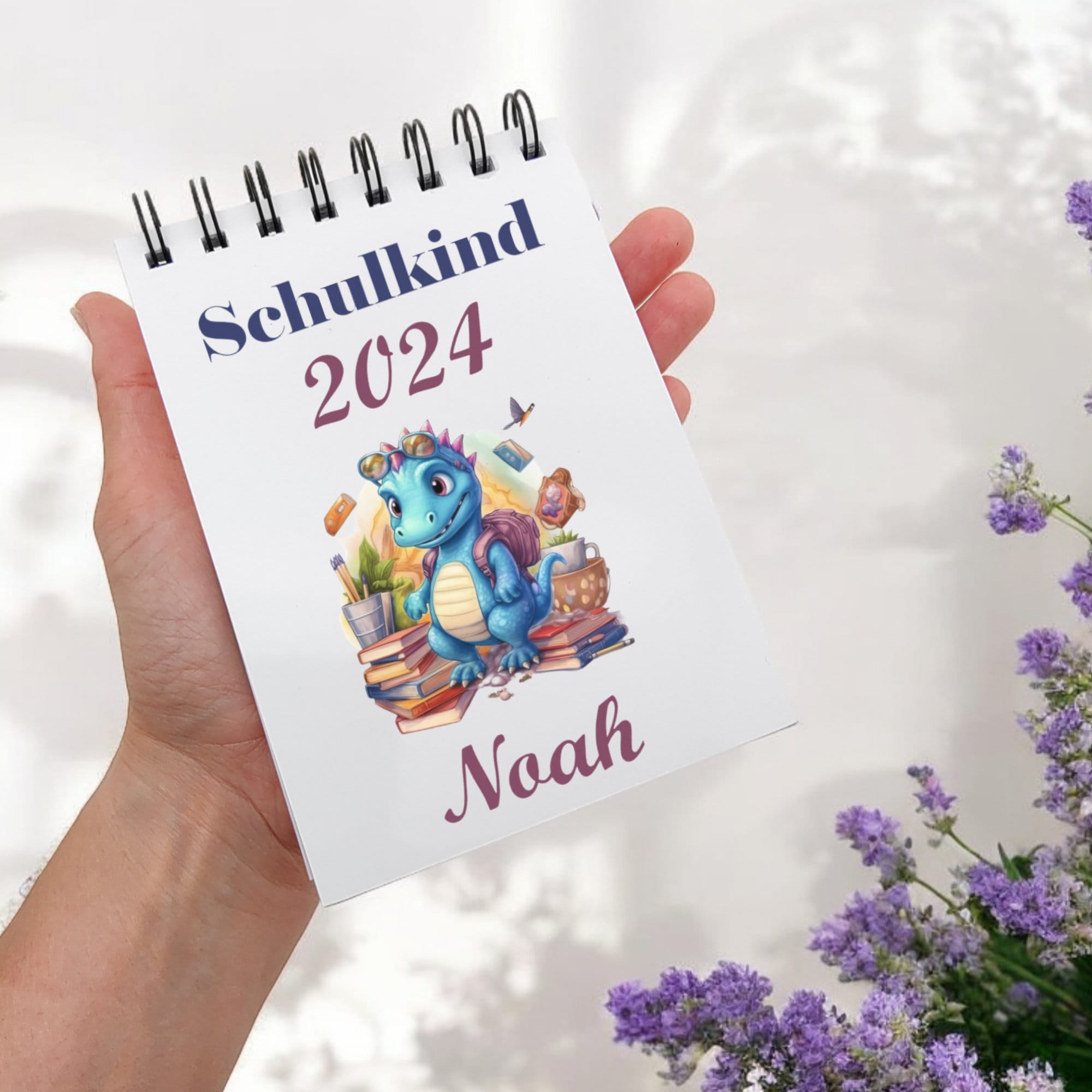 Notizblock Name und Jahr personalisiert DIN A6 Ringblock Schreibblock Notizbuch Schulheft Hausaufgabenheft - Schulkind Dinosaurier  #A6SO