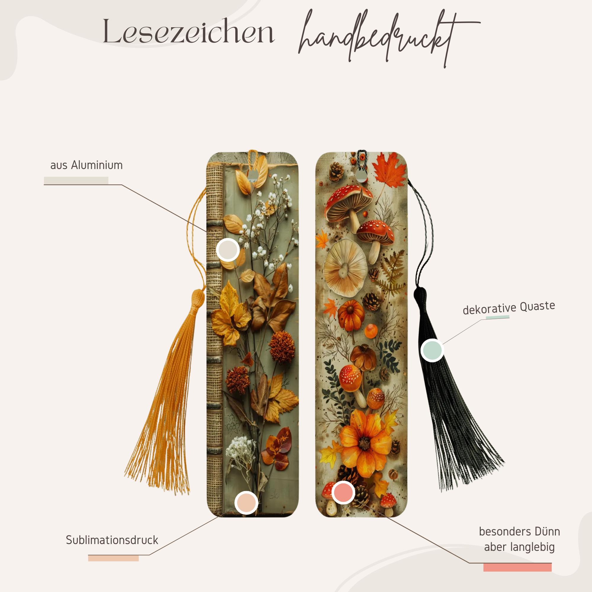 Lesezeichen aus Aluminium Herbstblätter Pilze Geschenk Herbst Mitbringsel Garten Bücherzeichen Bookmark - 2 Motive zur Auswahl  #LEALU