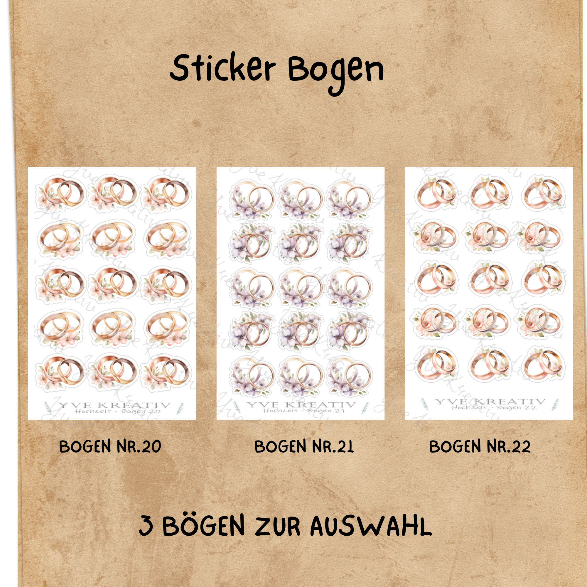 Sticker Bogen, Aufkleber, Hochzeit, Eheringe, Ringe | Sticker Set, Stickerbogen zur Auswahl in Weiß - Transparent - Matt - Glanz