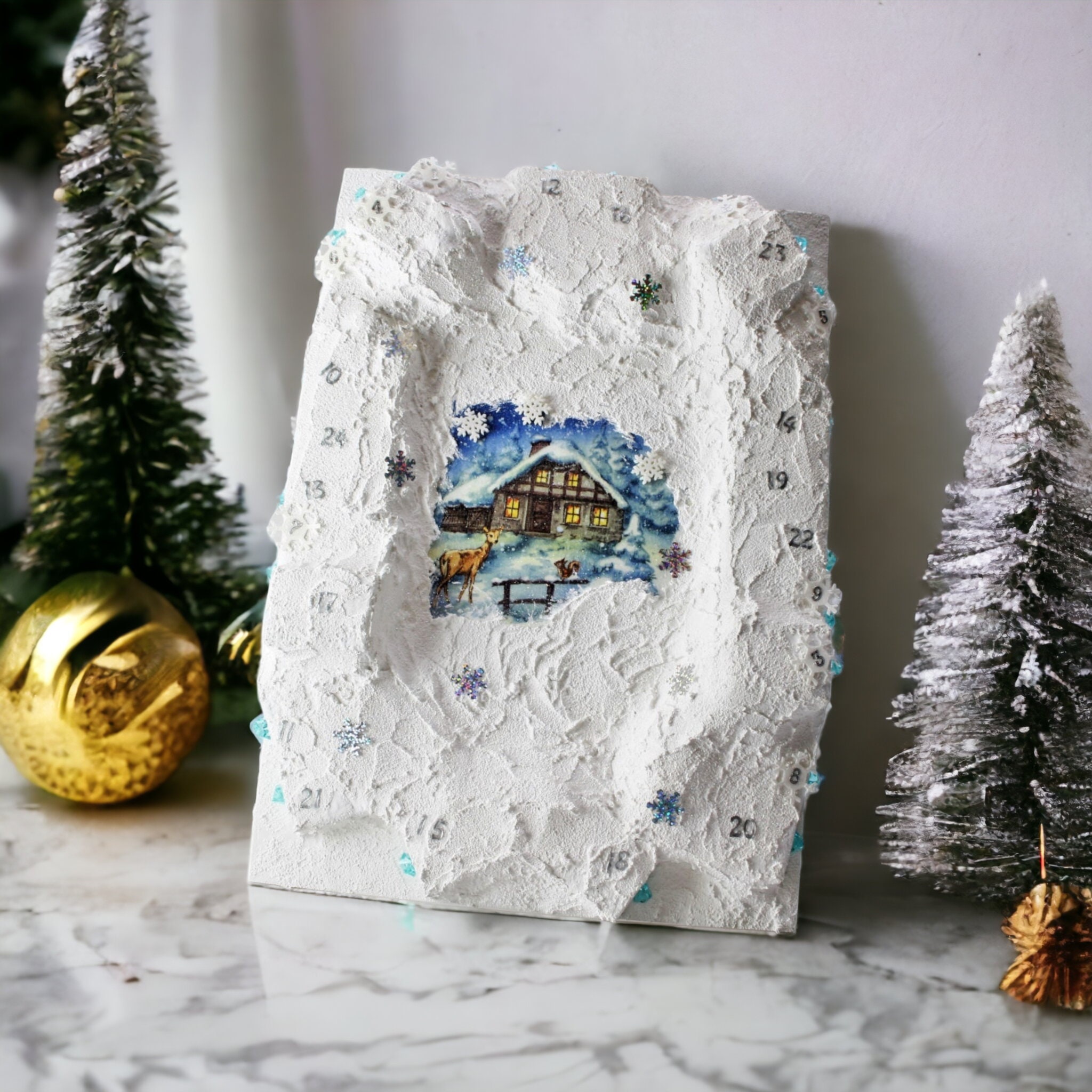 Adventskalender aus 24 Streichholzschachteln / Wandbild / Schneelandschaft / zum Befüllen  #627795569