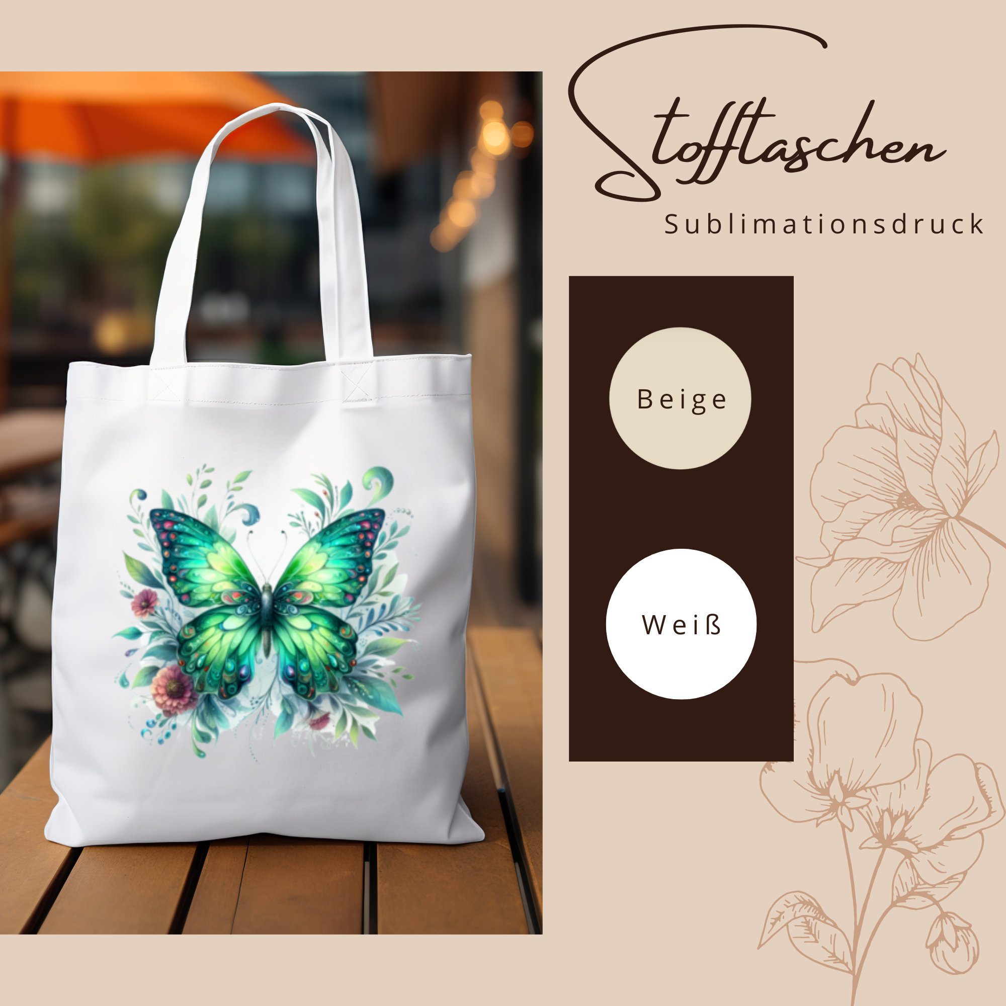 Stofftasche Stoffbeutel Schmetterling Einkaufstasche Tasche Geburtstag Geschenk Mama Muttertag in Weiß oder Beige  #STSUB