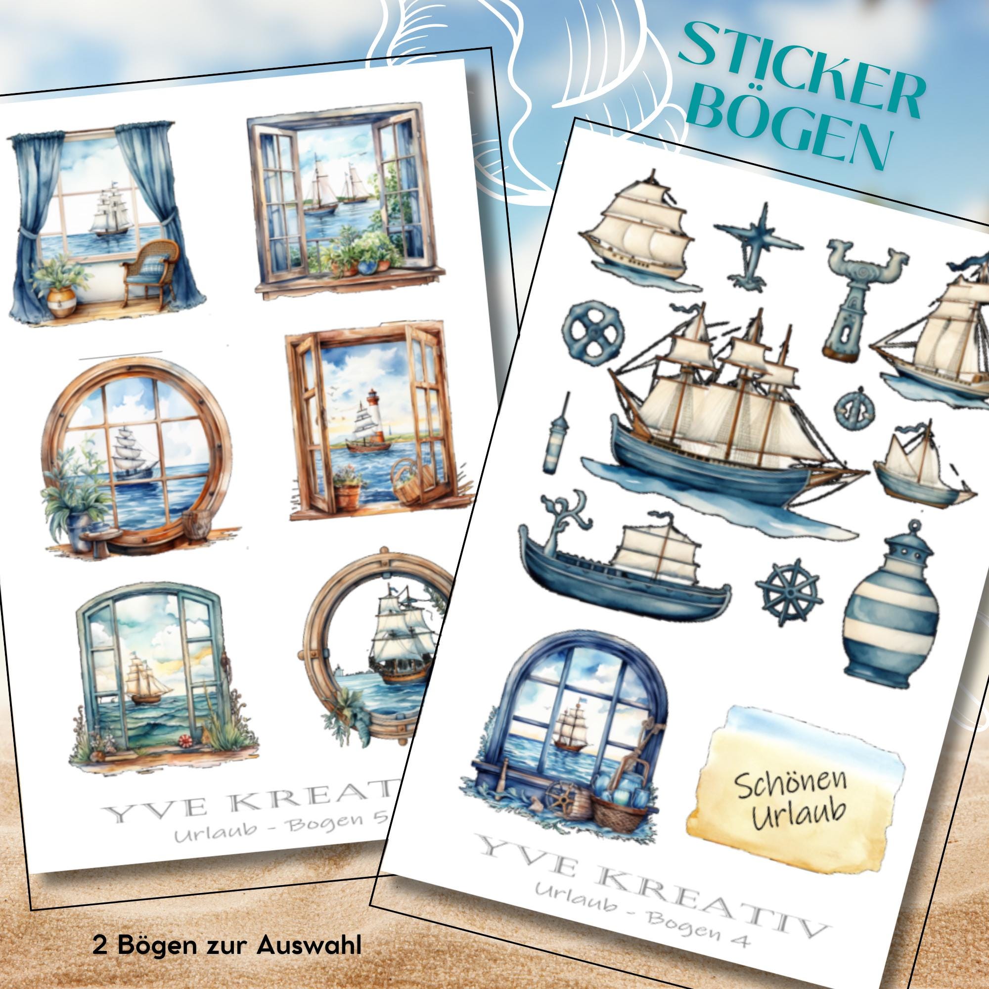 Sticker Bogen " Maritim Meer Urlaub Reisen " | Set - Aufkleber 2 Stickerbögen zur Auswahl in Weiß - Transparent - Matt - Glanz  #SBA6