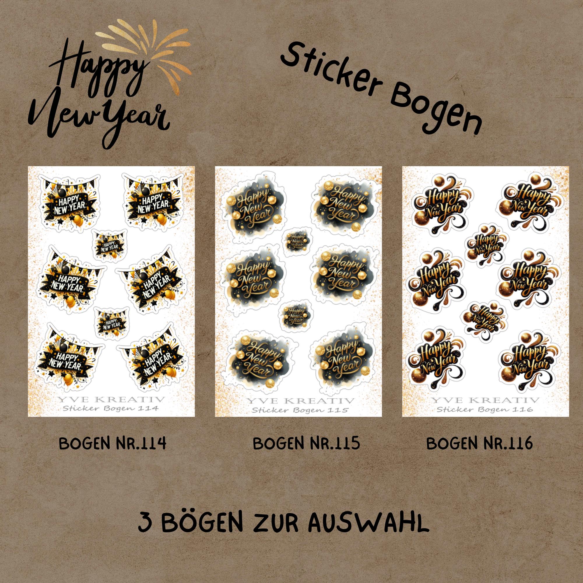 Aufkleber Sticker Bogen "Happy New Year, Silvester" | Sticker Set - 3 Stickerbogen zur Auswahl in Weiß - Transparent - Matt - Glanz  #SBA6