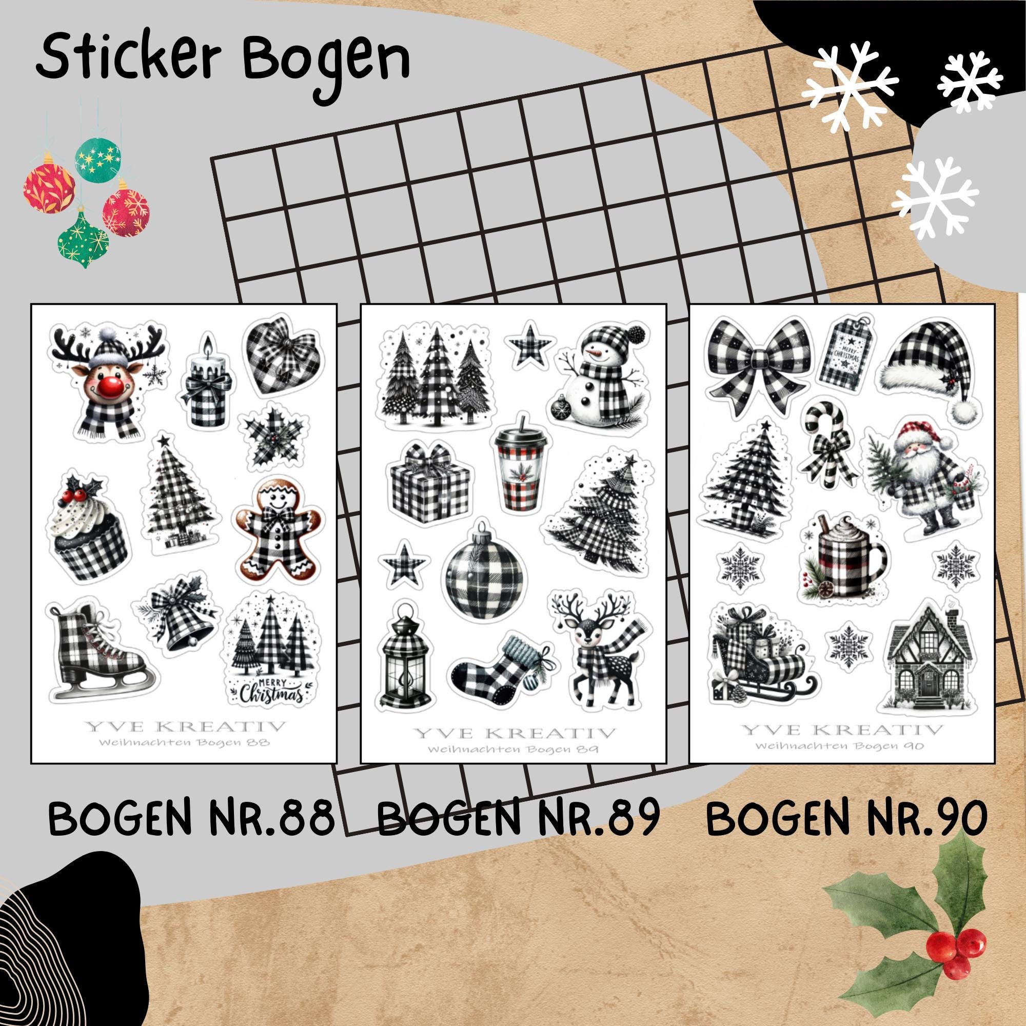 Aufkleber Sticker Bogen "Weihnachten Black & White" | Sticker Set - 3 Stickerbogen zur Auswahl in Weiß - Transparent - Matt - Glanz  #SBA6