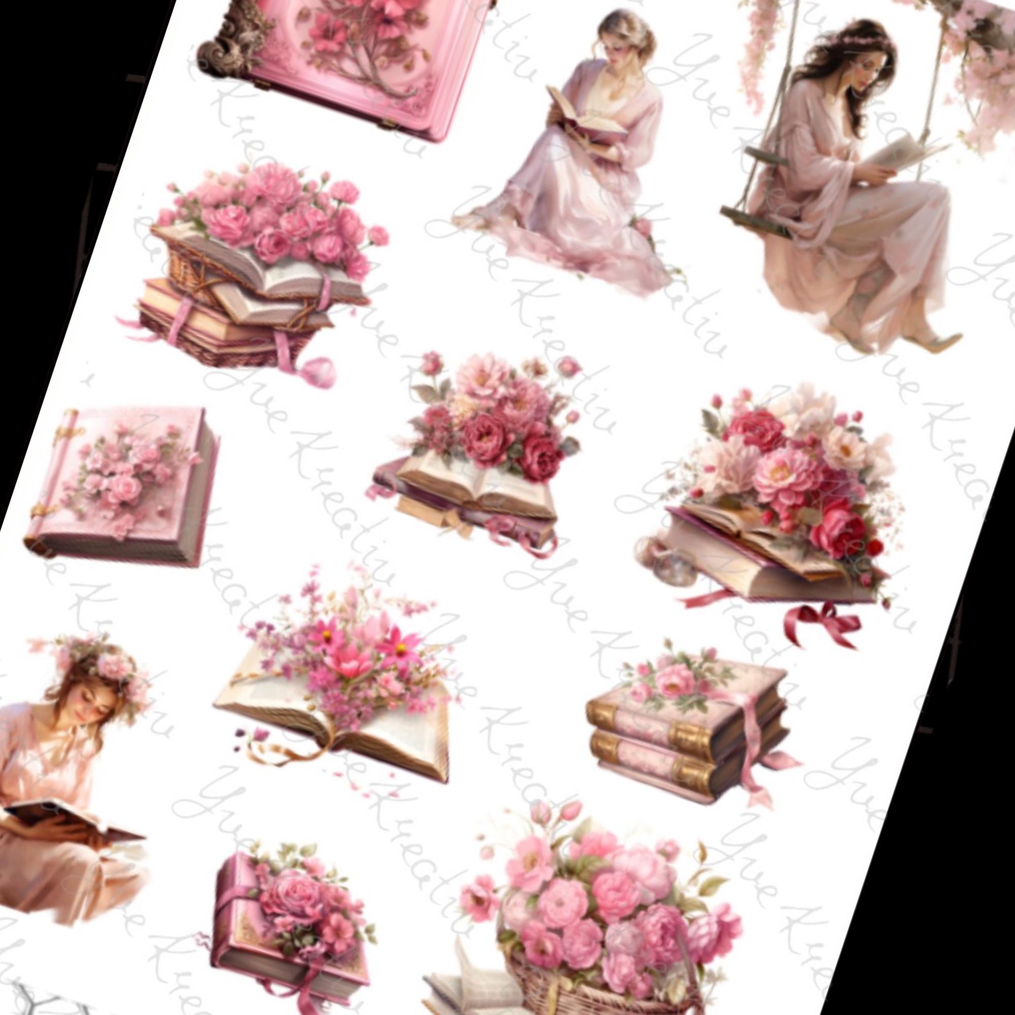 Sticker Bücher romantische Aufkleber rosa  13 Sticker Set Stickerbogen  -  Weiß - Transparent - Matt - Glanz  #SBA6