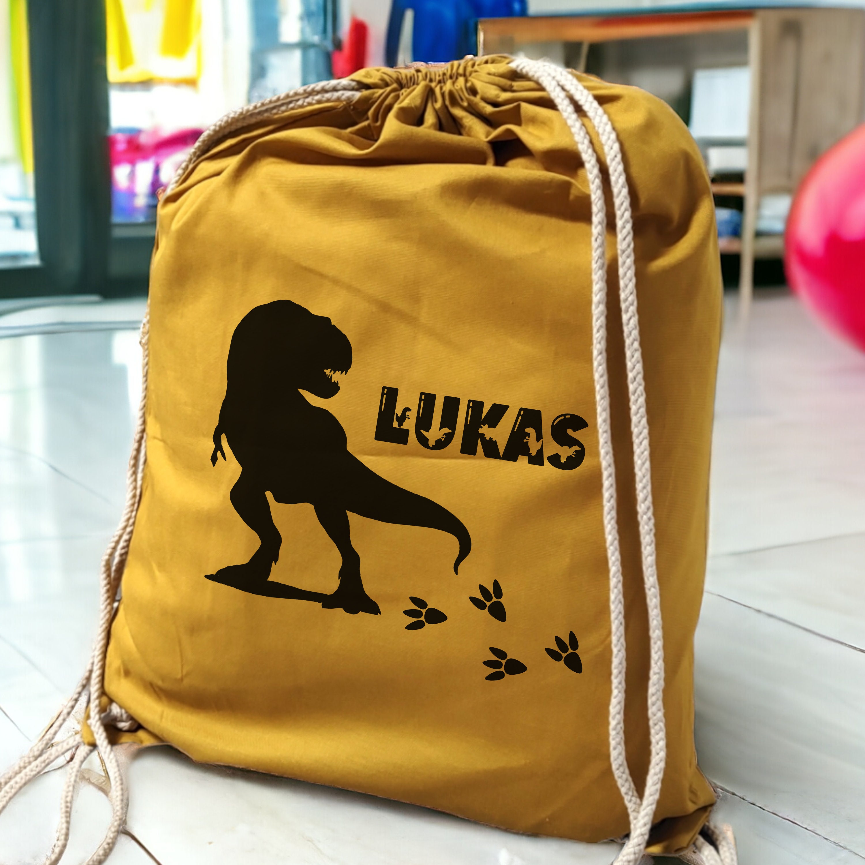 Personalisierter Turnbeutel "Dino" mit Namen zum Zuziehen | Jungen & Mädchen | Zuziehbeutel Stoffbeutel Sporttasche