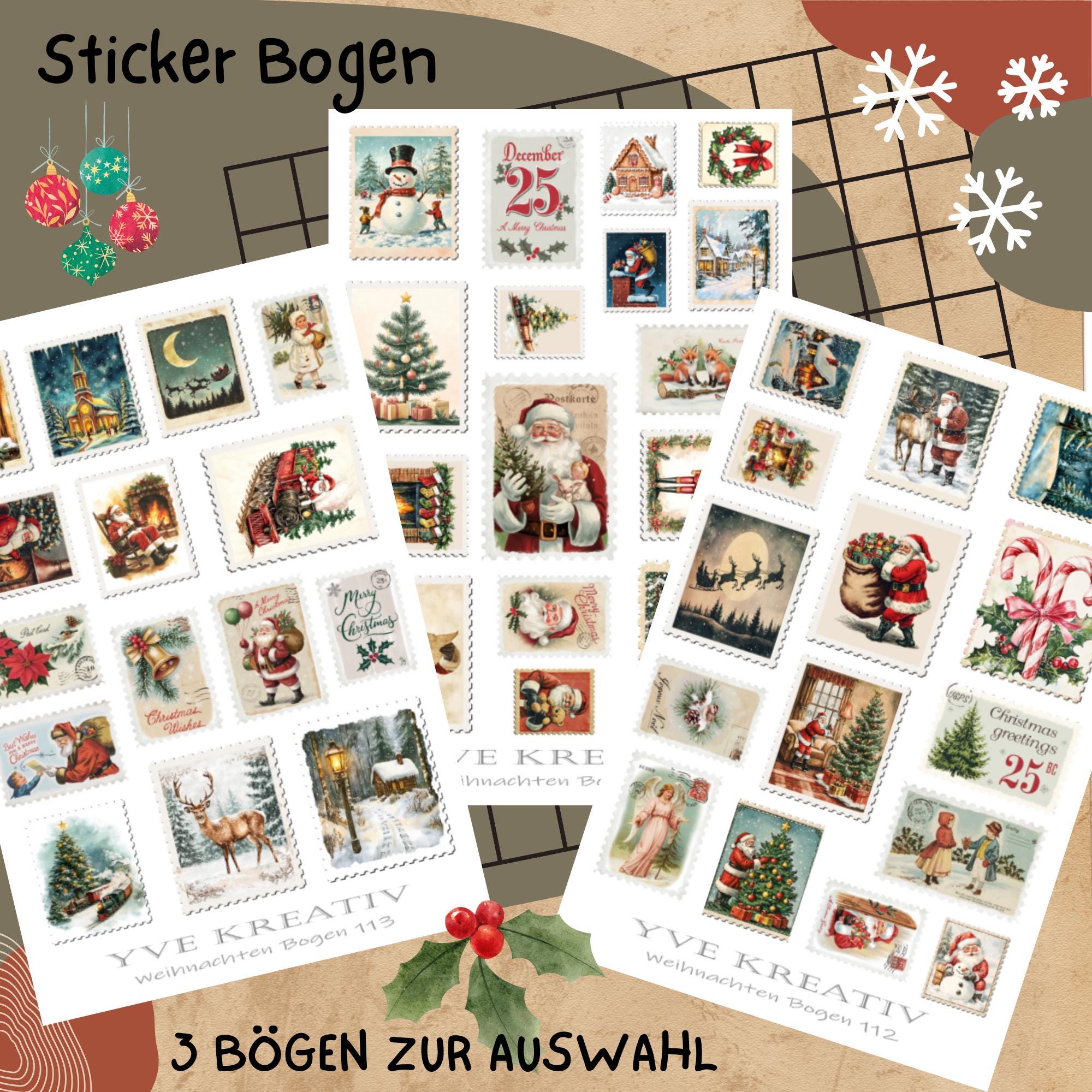 Sticker Bogen Aufkleber "Weihnachten Retro Nostalgie" | Sticker Set - 3 Stickerbogen zur Auswahl in Weiß - Transparent - Matt - Glanz  #SBA6