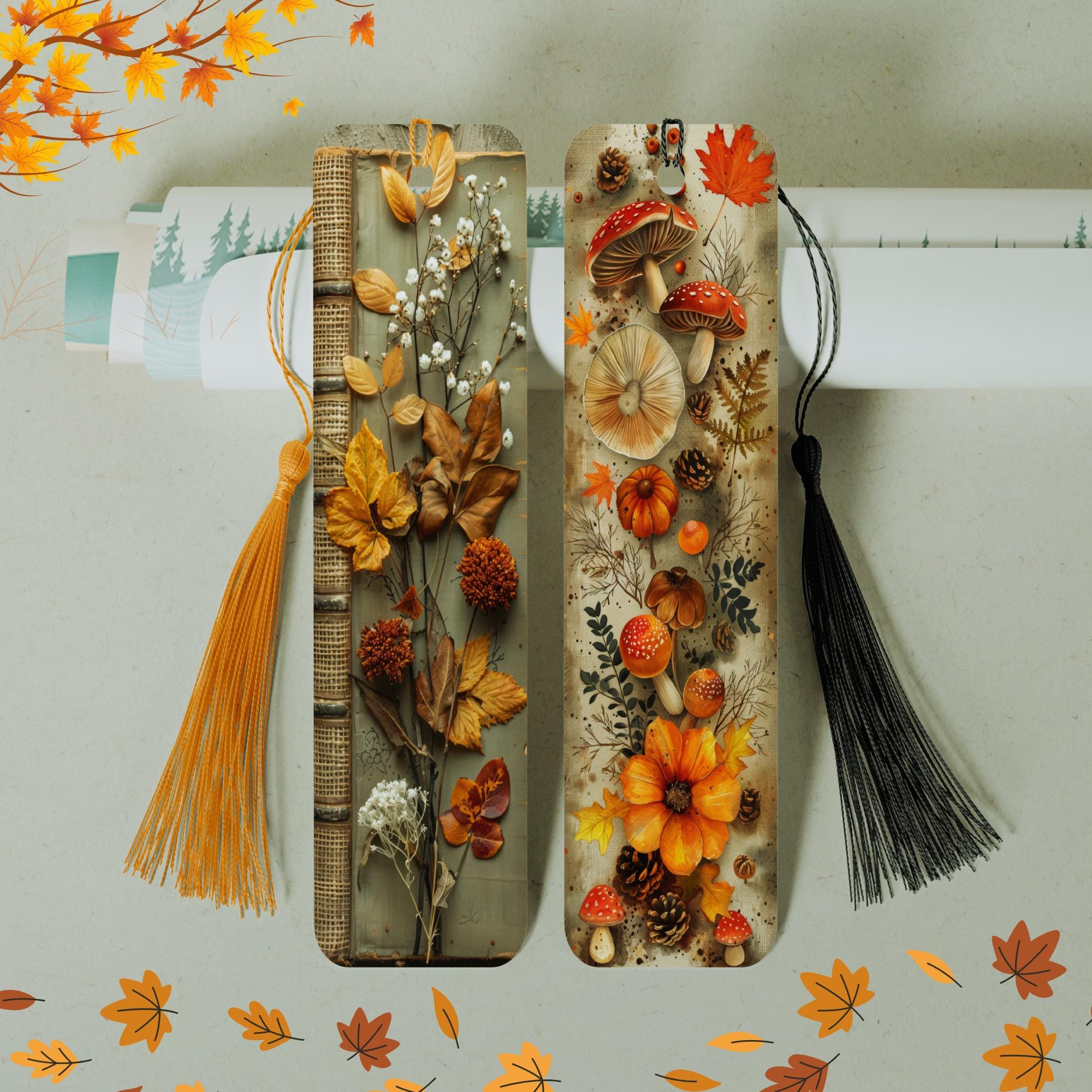 Lesezeichen aus Aluminium Herbstblätter Pilze Geschenk Herbst Mitbringsel Garten Bücherzeichen Bookmark - 2 Motive zur Auswahl  #LEALU
