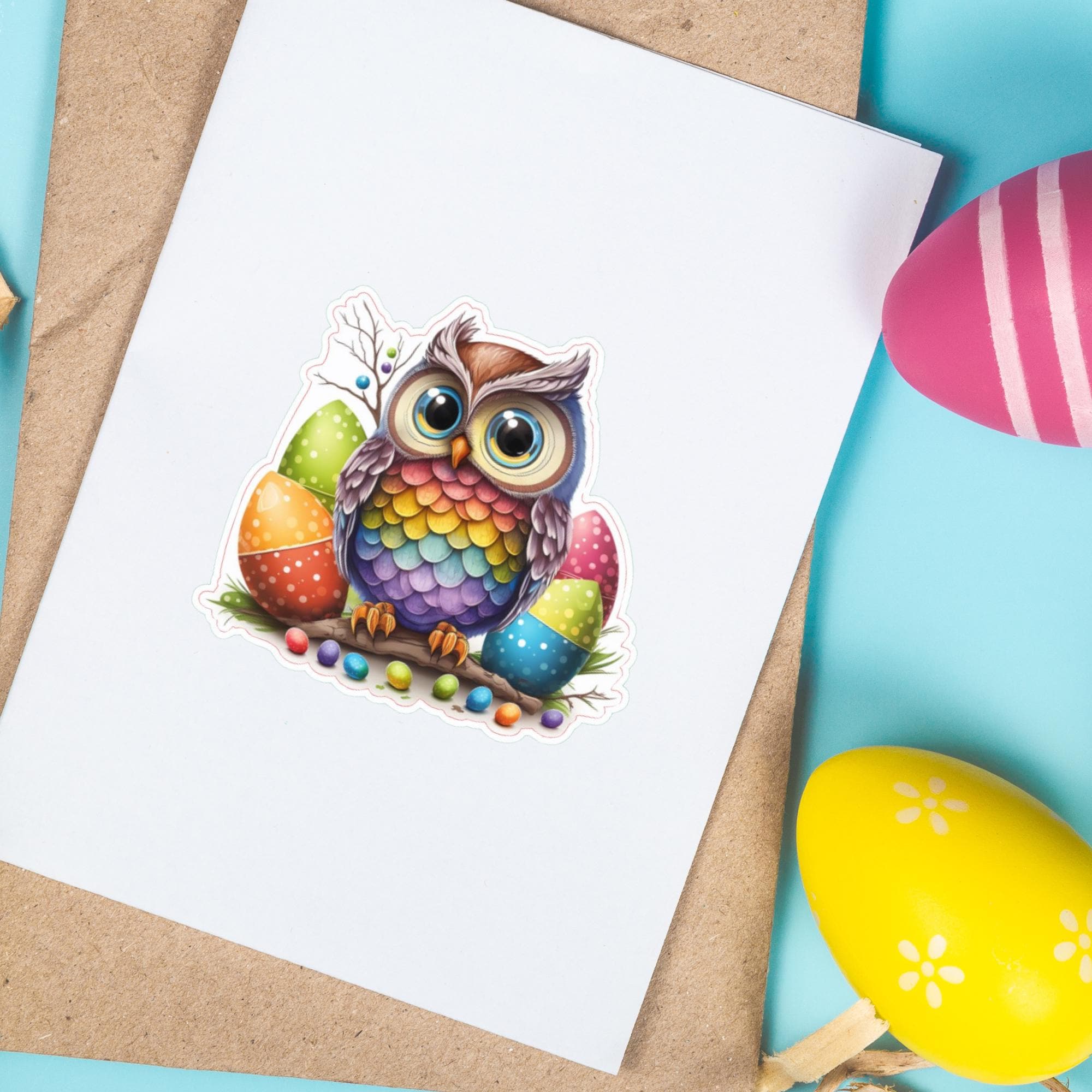 Aufkleber Ostern großer 8 cm Sticker Regenbogen Eule Deko Geschenkaufkleber - zur Auswahl in Weiß oder Transparent  #SEG8