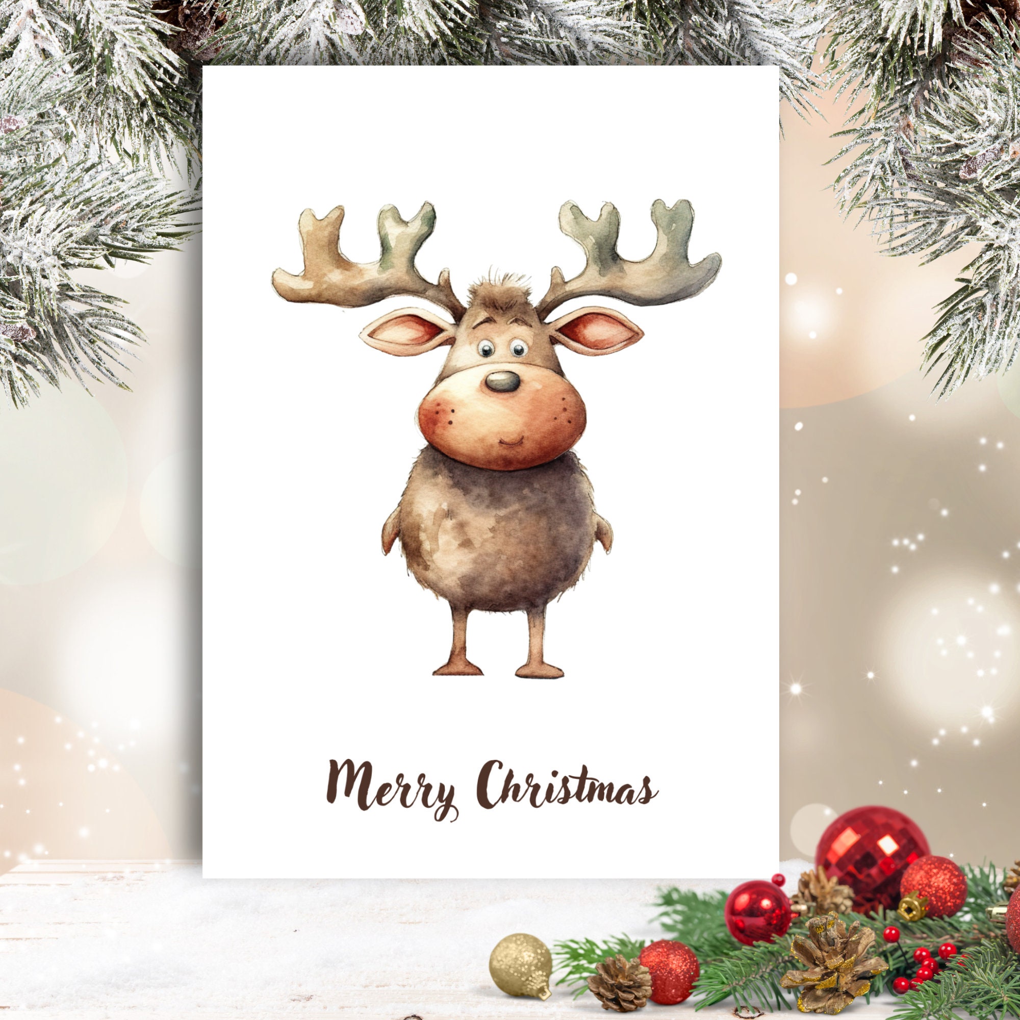 Postkarte, Grußkarte, Weihnachten, Rentier, Weihnachtskarte, Geschenkkarte I MIT oder OHNE Text "Merry Christmas"  #PLS