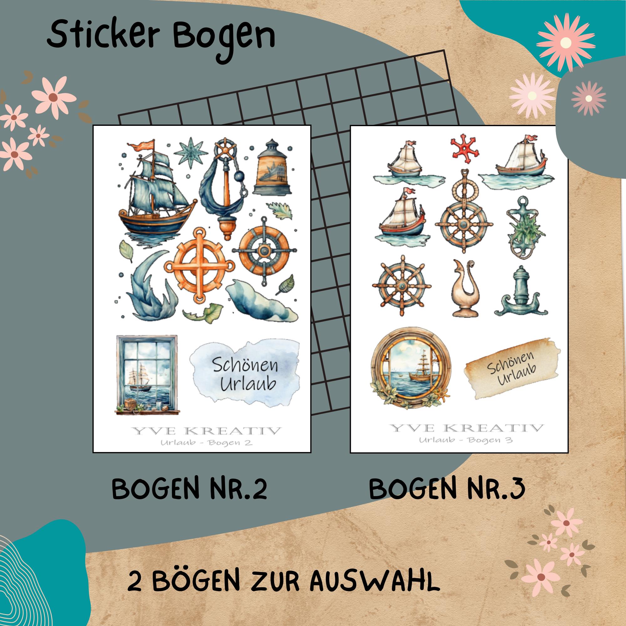 Sticker Bogen " Maritim Meer Urlaub Reisen " | Set - Aufkleber 2 Stickerbögen zur Auswahl in Weiß - Transparent - Matt - Glanz  #SBA6