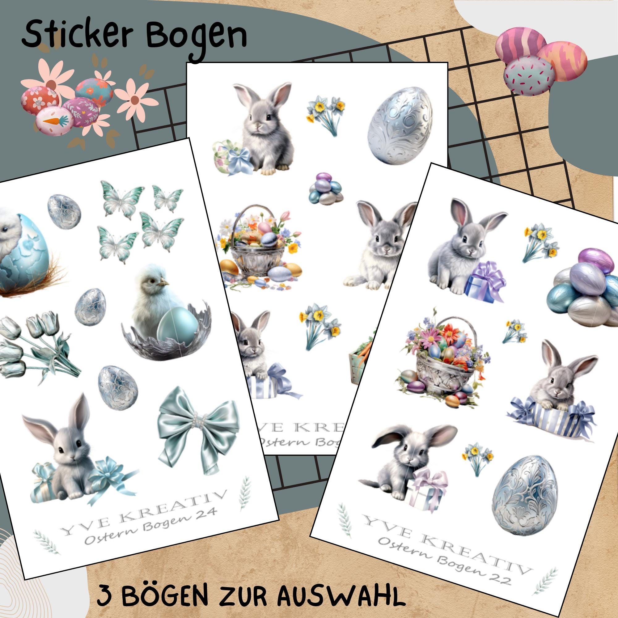 Sticker Bogen " Ostern - niedliche Häschen " | Sticker Set - Aufkleber 3 Stickerbogen zur Auswahl in Weiß - Transparent - Matt - Glanz #SBA6