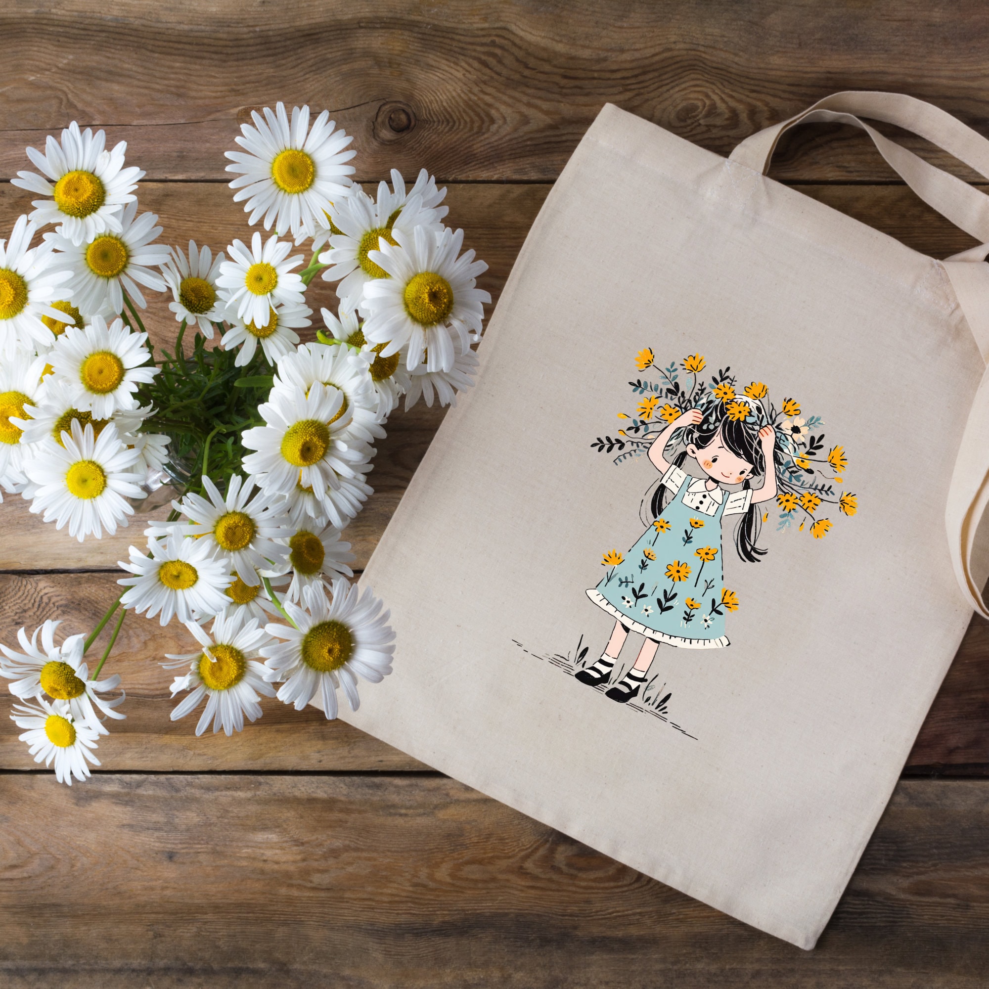 Stofftasche, Stoffbeutel, Einkaufstasche, Tasche, Geschenk, in Weiß oder Beige "Blumenmädchen" 