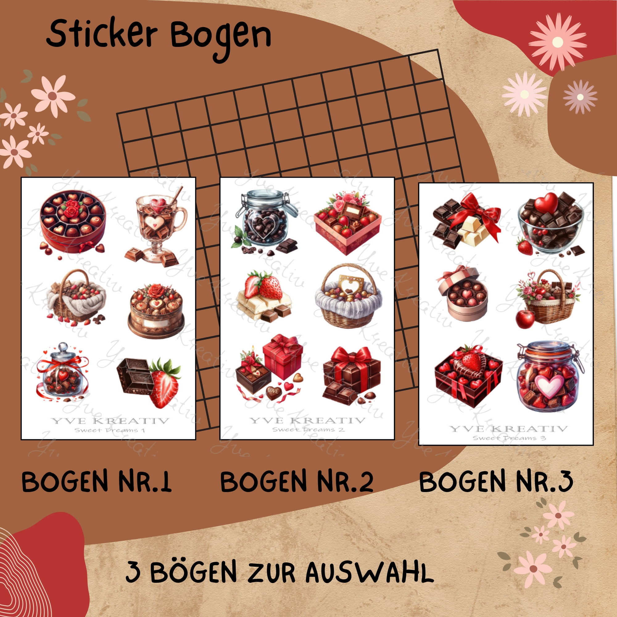 Stickerbogen " Schokolade Erdbeeren Süßigkeiten " | Sticker Set - Aufkleber 3 Bögen zur Auswahl in Weiß - Transparent - Matt - Glanz  #SBA6