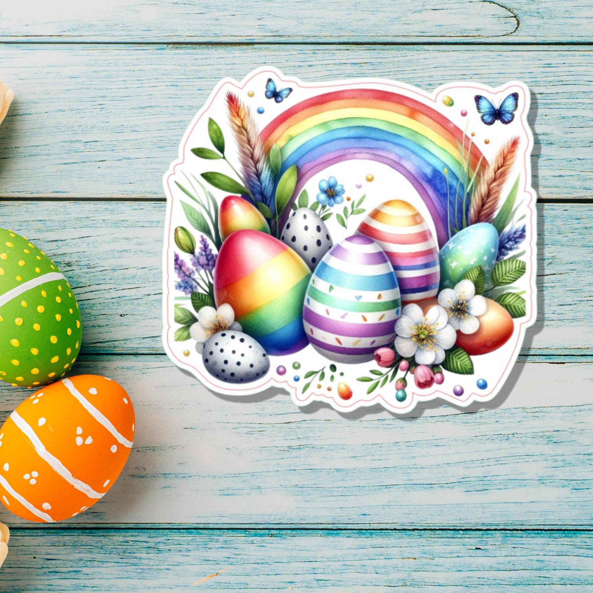 Aufkleber Ostern großer 8 cm Sticker Regenbogen Osternest Deko Osterfest Geschenkaufkleber - zur Auswahl in Weiß oder Transparent  #SEG8