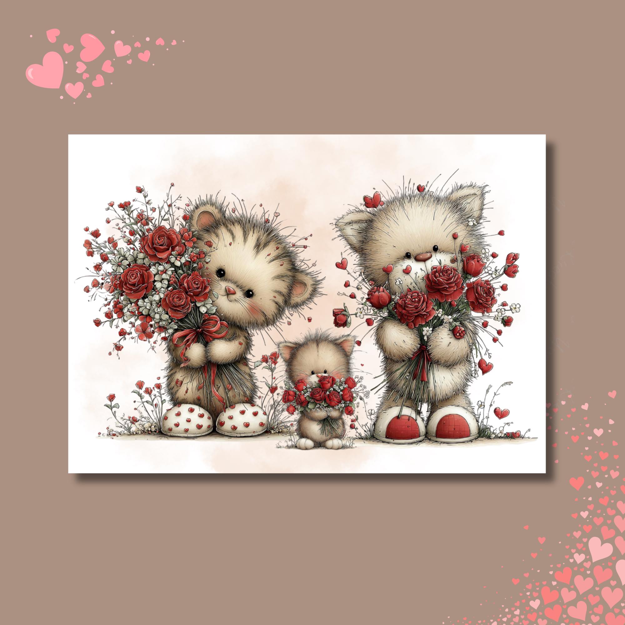 Postkarte zum Geburtstag oder Valentinstag Grußkarte für Katzenliebhaber niedliche Karte für liebe Grüße Katzen mit Rosenstrauß #PT5