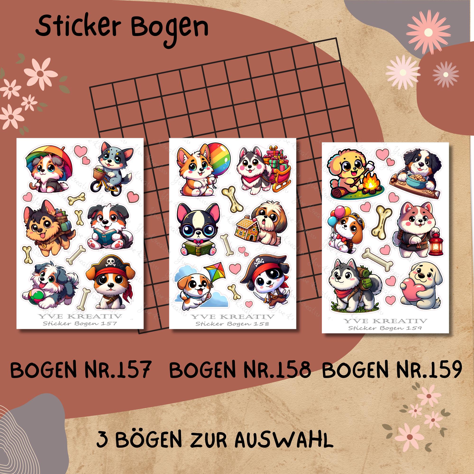 Aufkleber, Sticker Bogen, Hunde, Kawaii Dogs| Sticker Set - 3 Stickerbogen zur Auswahl in Weiß - Transparent - Matt - Glanz #SBA6