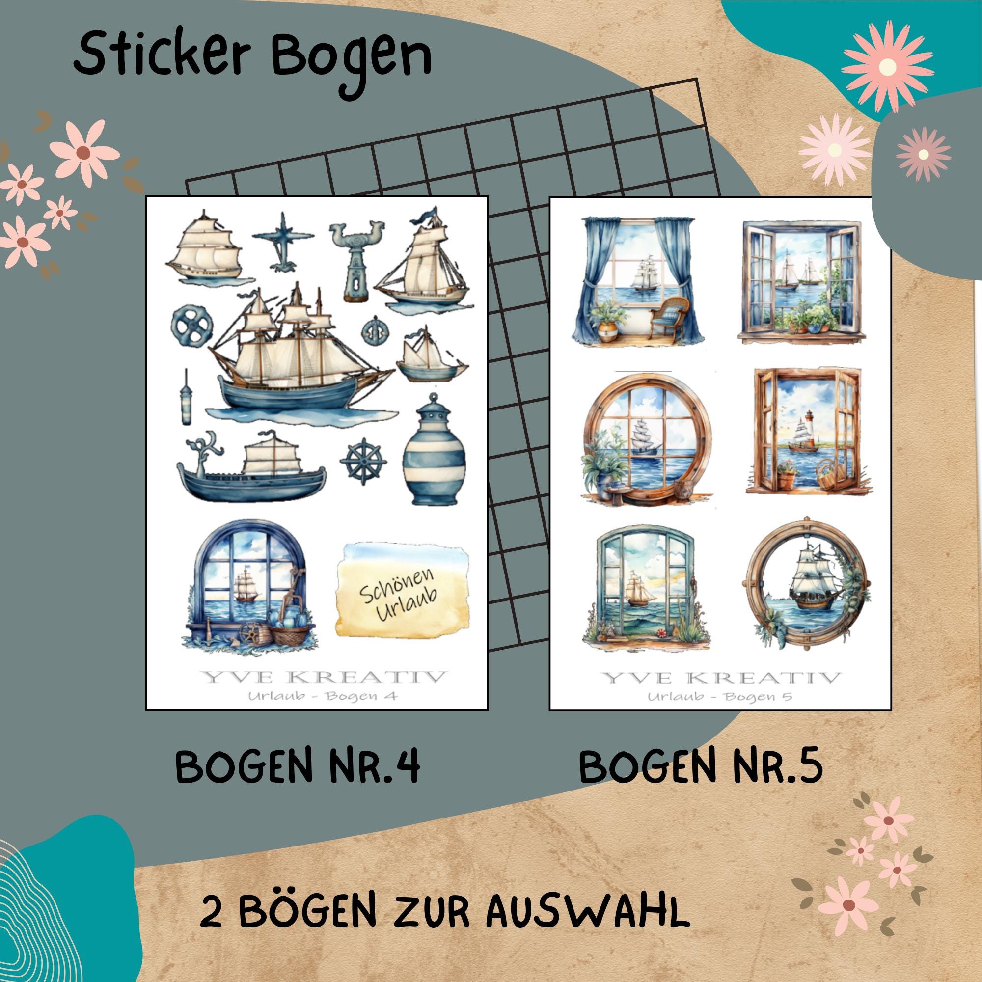Sticker Bogen " Maritim Meer Urlaub Reisen " | Set - Aufkleber 2 Stickerbögen zur Auswahl in Weiß - Transparent - Matt - Glanz  #SBA6