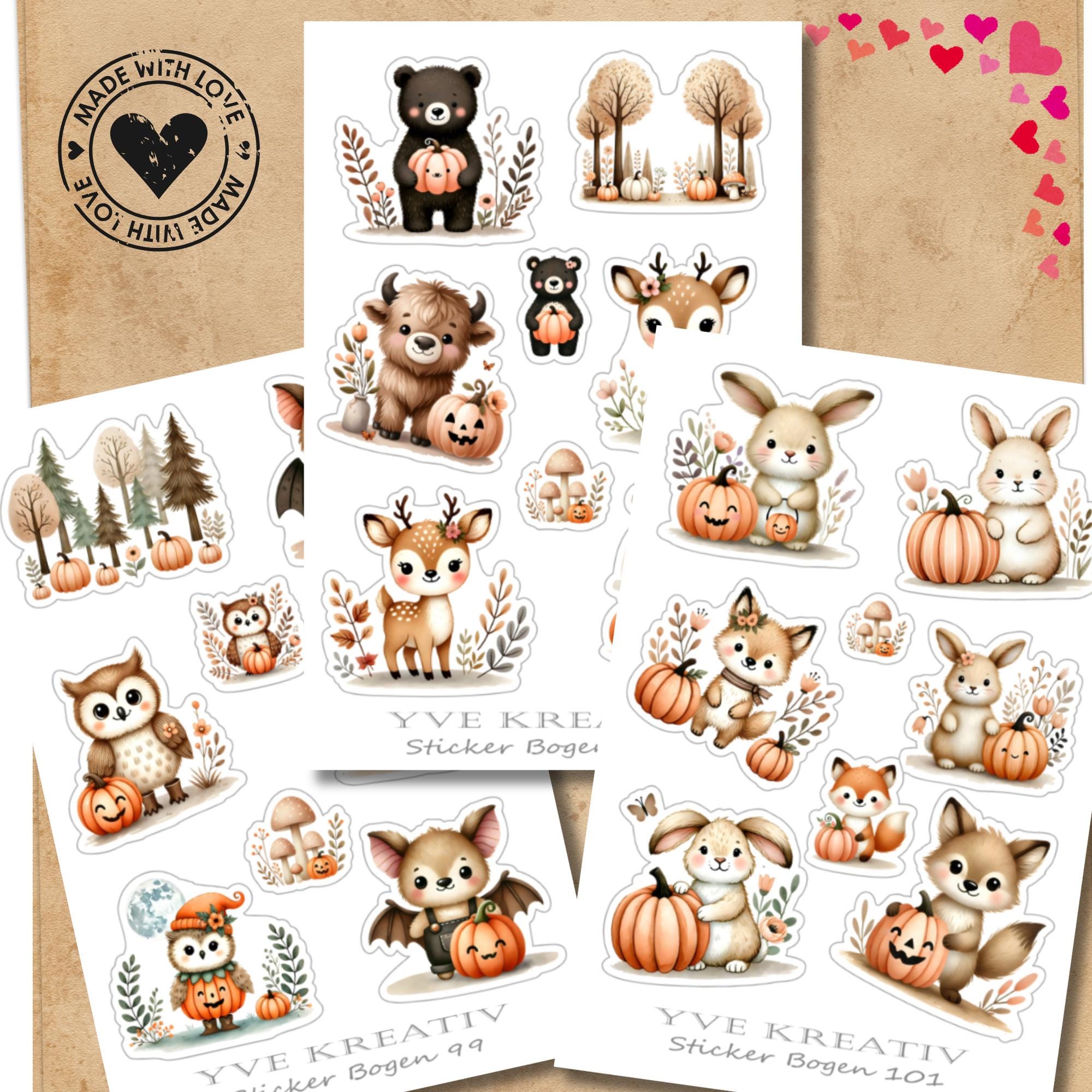 Aufkleber Waldtiere Stickerbogen Herbst Halloween Sticker Set - 3 Bögen zur Auswahl in Weiß - Transparent - Matt - Glanz #SBA6 Aufkleber Waldtiere Stickerbogen Herbst Halloween Sticker Set - 3 Bögen zur Auswahl in Weiß - Transparent - Matt - Glanz #SBA6
