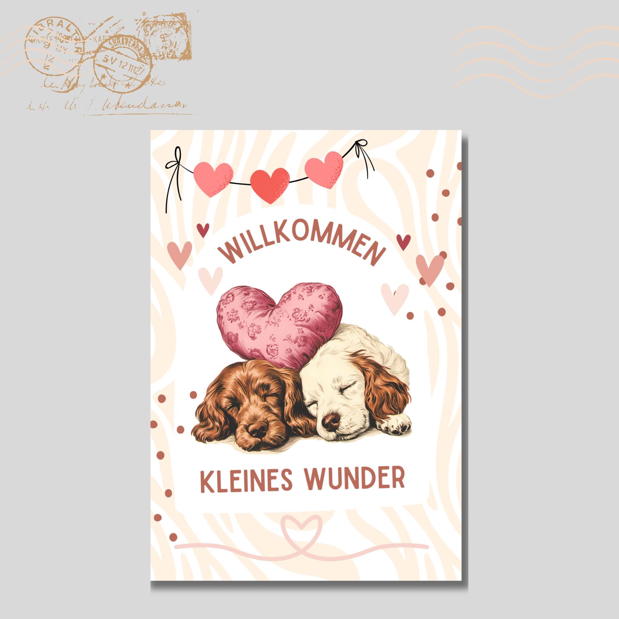 Postkarte zur Geburt, Grußkarte, Karte mit Hundewelpen, Grußkarte Willkommen kleines Wunder in DIN A6 auf Papier mit Leinenstruktur #PLS