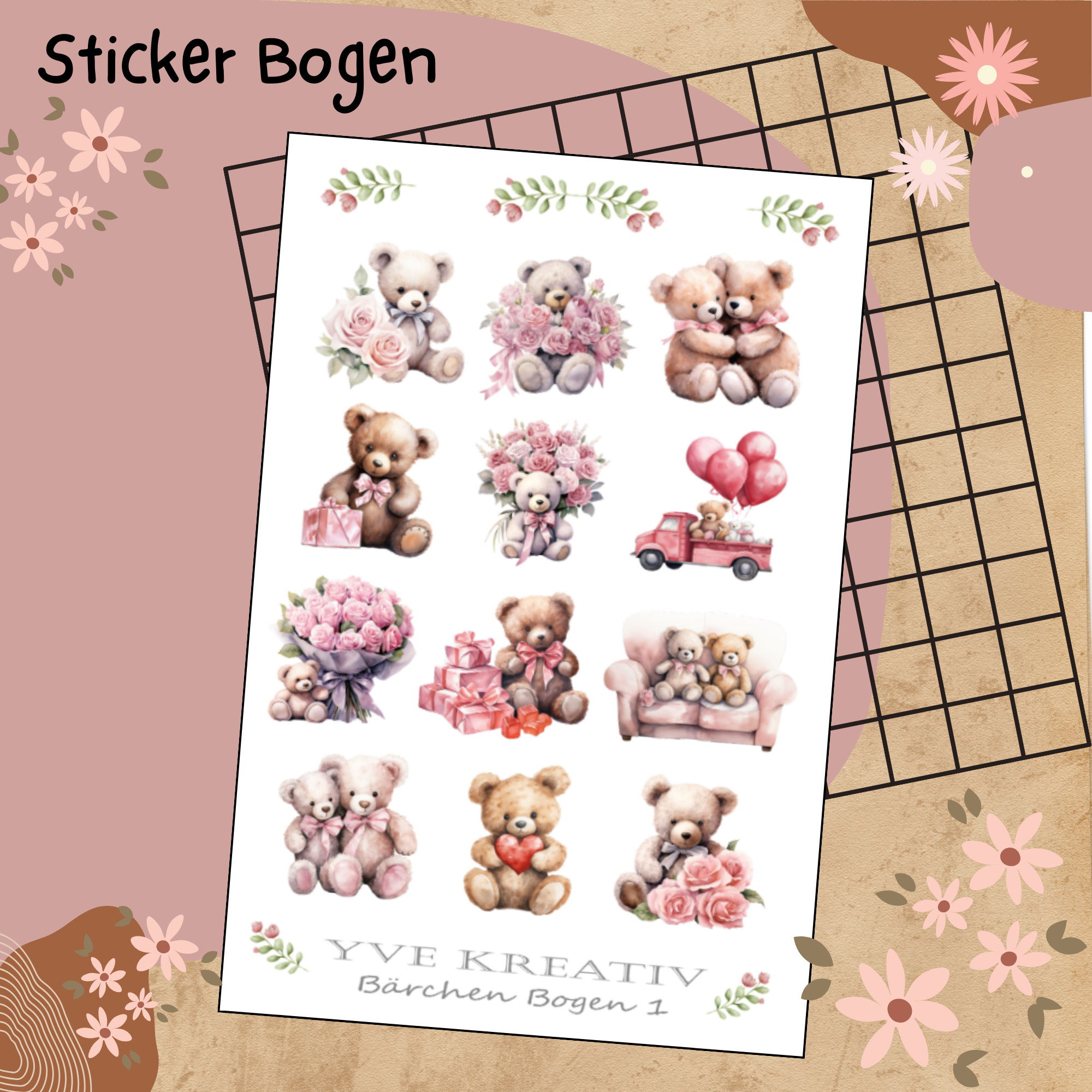 Sticker Bogen "Bärchen Teddybär Love Herzen" | 12 Aufkleber Sticker Set Stickerbogen  -  Weiß - Transparent - Matt - Glanz