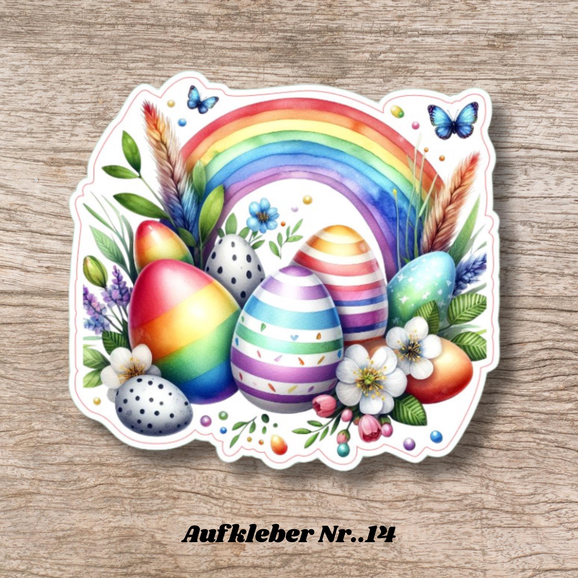 Aufkleber Ostern großer 8 cm Sticker Regenbogen Osternest Deko Osterfest Geschenkaufkleber - zur Auswahl in Weiß oder Transparent  #SEG8