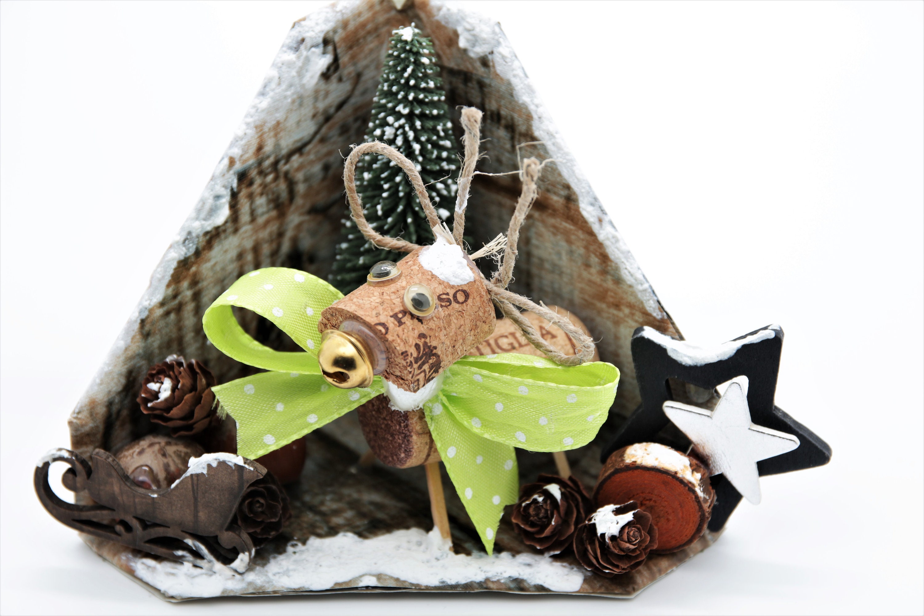 Weihnachtsdekoration aus Kork Holz Kunststoff, "Rentier im Wald" für Geldgeschenke - Gutschein