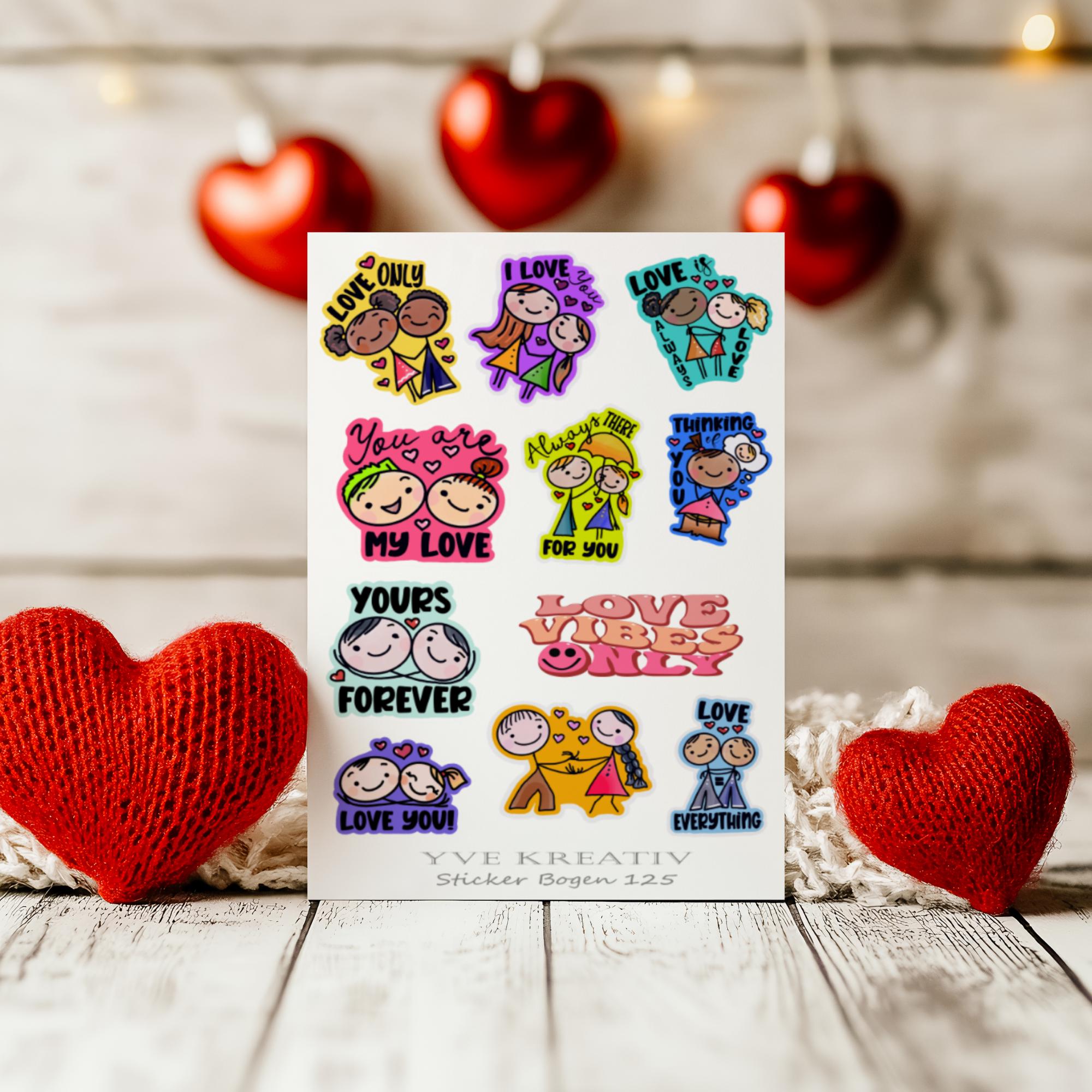 Aufkleber Bogen, Sticker, Love Valentinstag Freundschaft, Stickerbogen zur Auswahl in Weiß - Transparent - Matt - Glanz  #SBA6