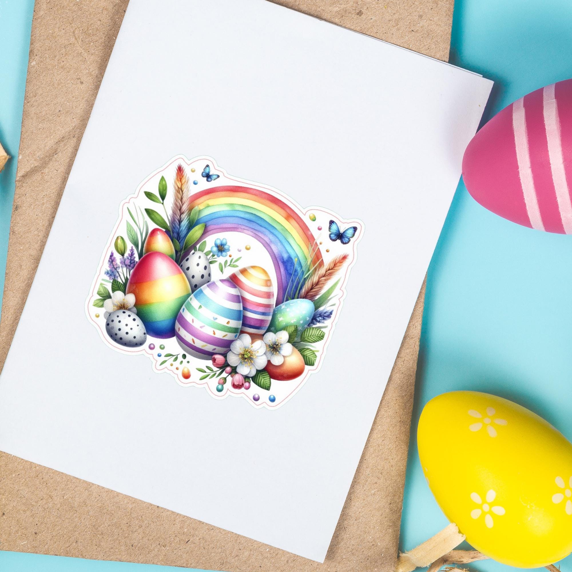Aufkleber Ostern großer 8 cm Sticker Regenbogen Osternest Deko Osterfest Geschenkaufkleber - zur Auswahl in Weiß oder Transparent  #SEG8