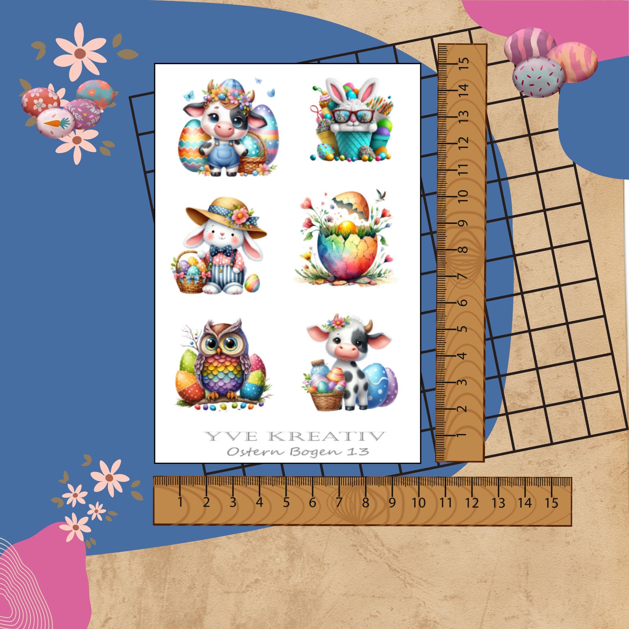 Sticker Bogen " Ostern - Kuh, Eule, Hase" | Sticker Set - Aufkleber 3 Stickerbogen zur Auswahl in Weiß - Transparent - Matt - Glanz #SBA6