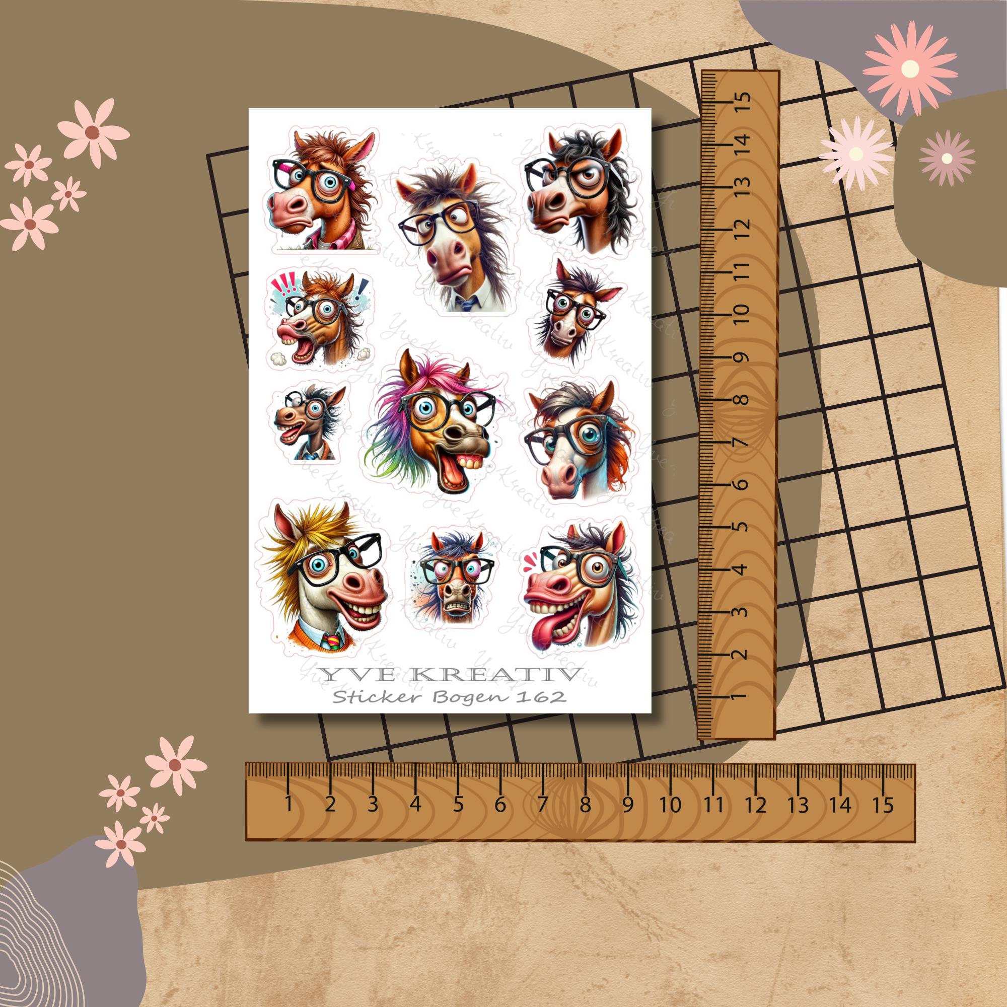 Aufkleber, Sticker Bogen, Lustige Pferde, Funny Animal | Sticker Set - 3 Stickerbogen zur Auswahl in Weiß - Transparent - Matt - Glanz #SBA6