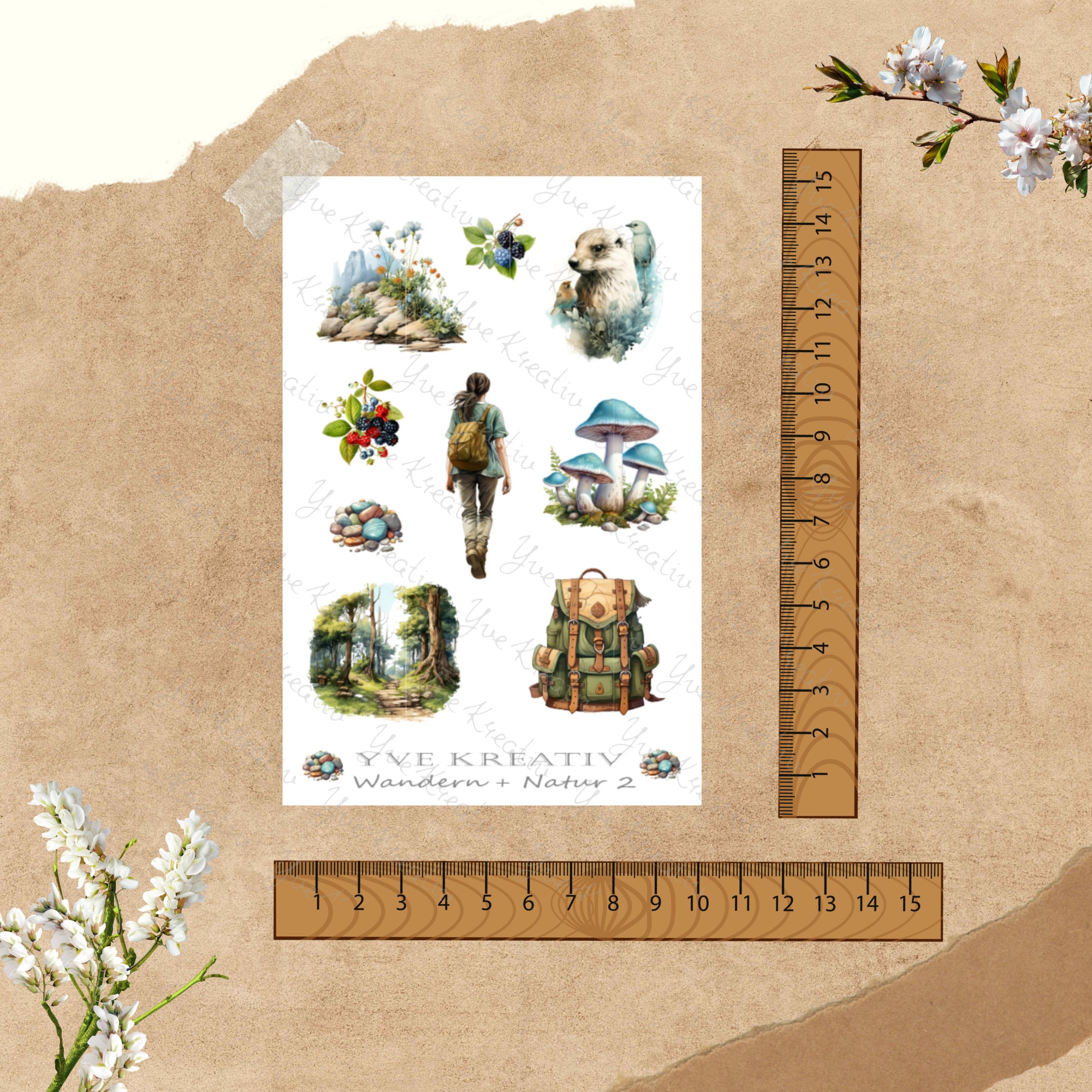 Sticker Bogen - Wandern Natur Wald | Sticker Set - Journal Sticker - Aufkleber 4 Stickerbogen zur Auswahl in Weiß oder Transparent