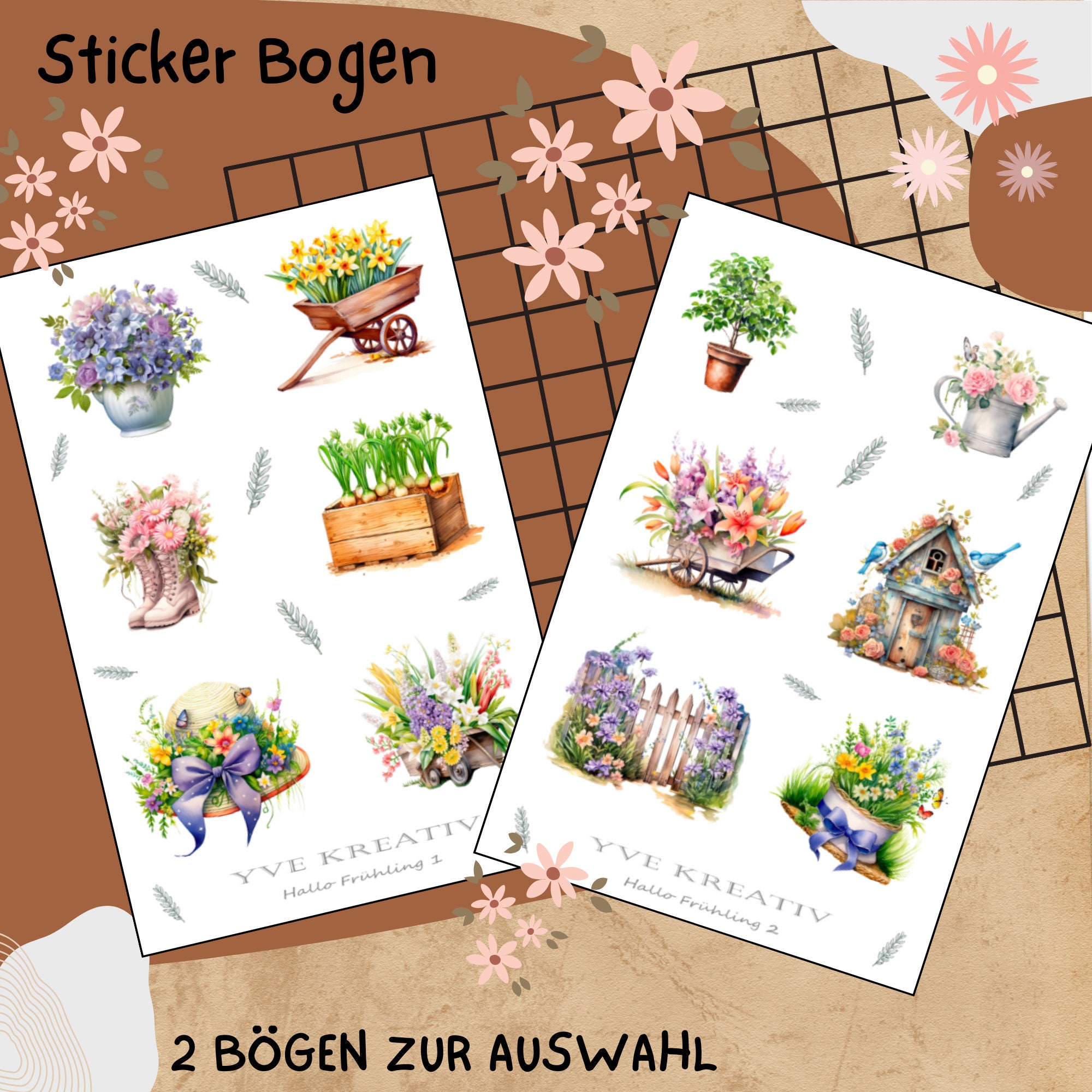 Sticker Bogen "Frühling Garten Pflanzen" | Sticker Set - Aufkleber 2 Stickerbogen zur Auswahl in Weiß - Transparent - Matt - Glanz